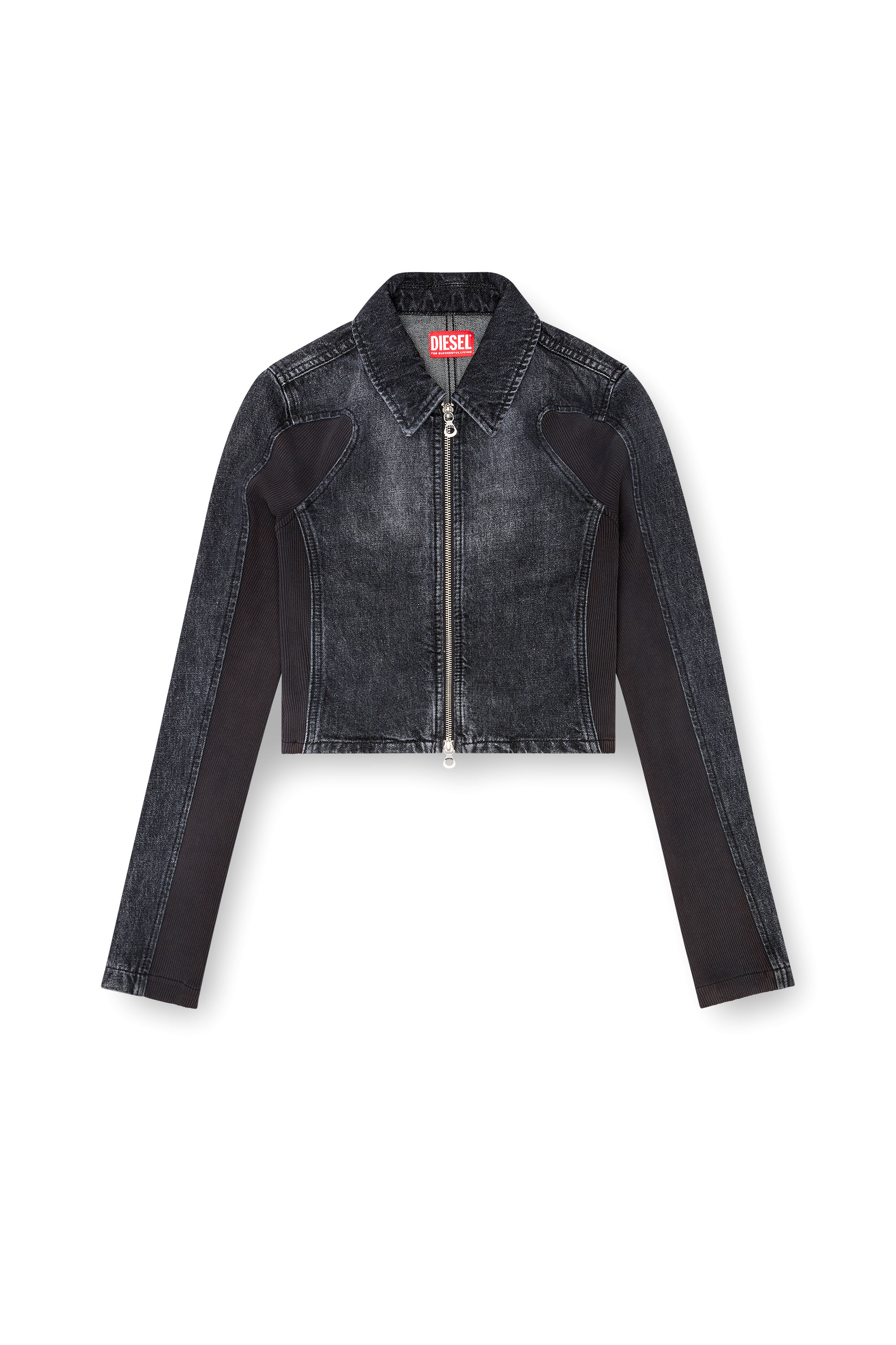 Diesel - DE-SYLEN-S, Female's Short denim jacket with ribbed inserts in Black - 3