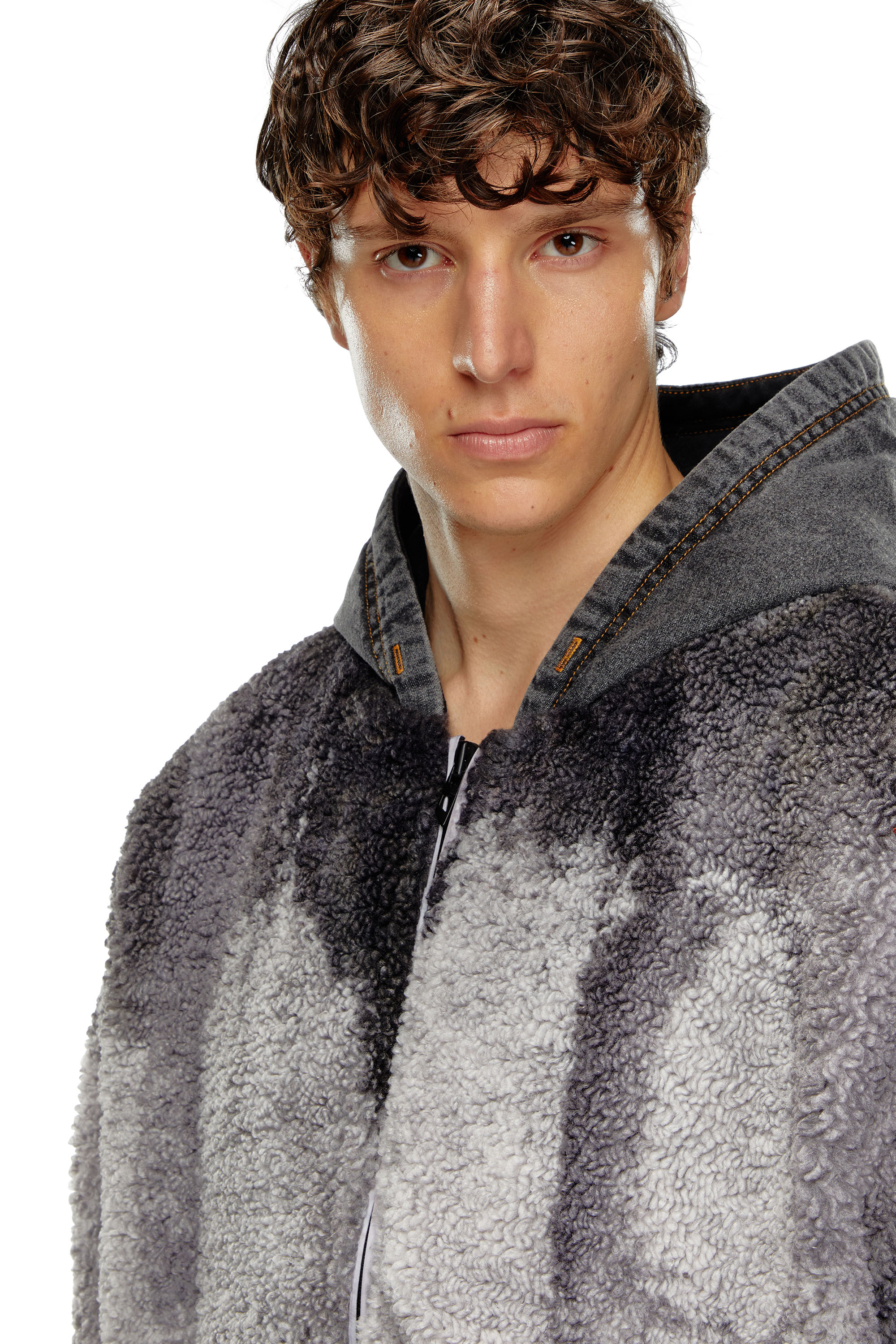 Diesel - S-DEPLA, Male Tie-dyed teddy jacket with denim hood in Grey - Image 5