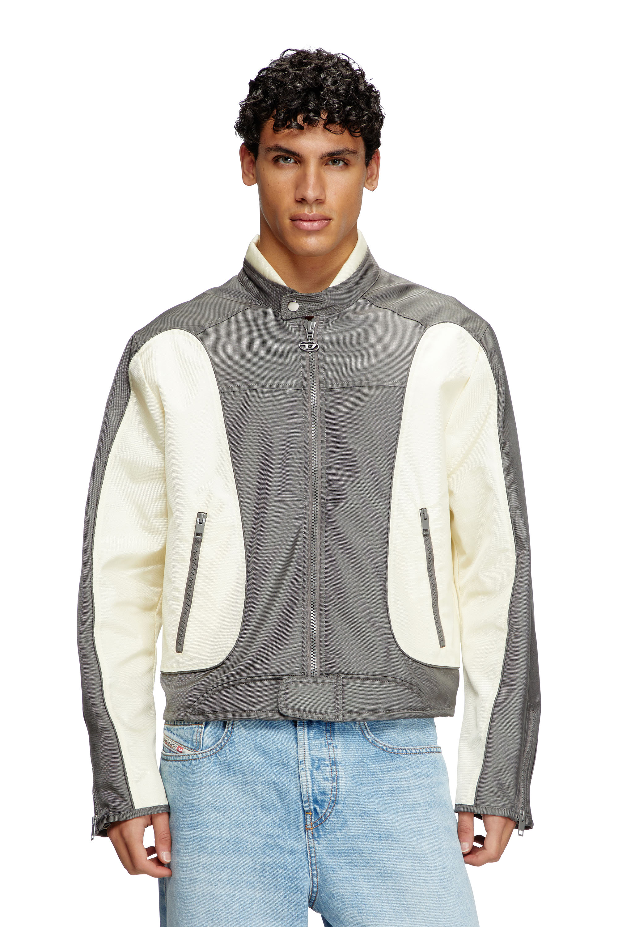 Diesel - J-BLINK-A, Male's Colour-block biker jacket with piping in Grey/White - 1