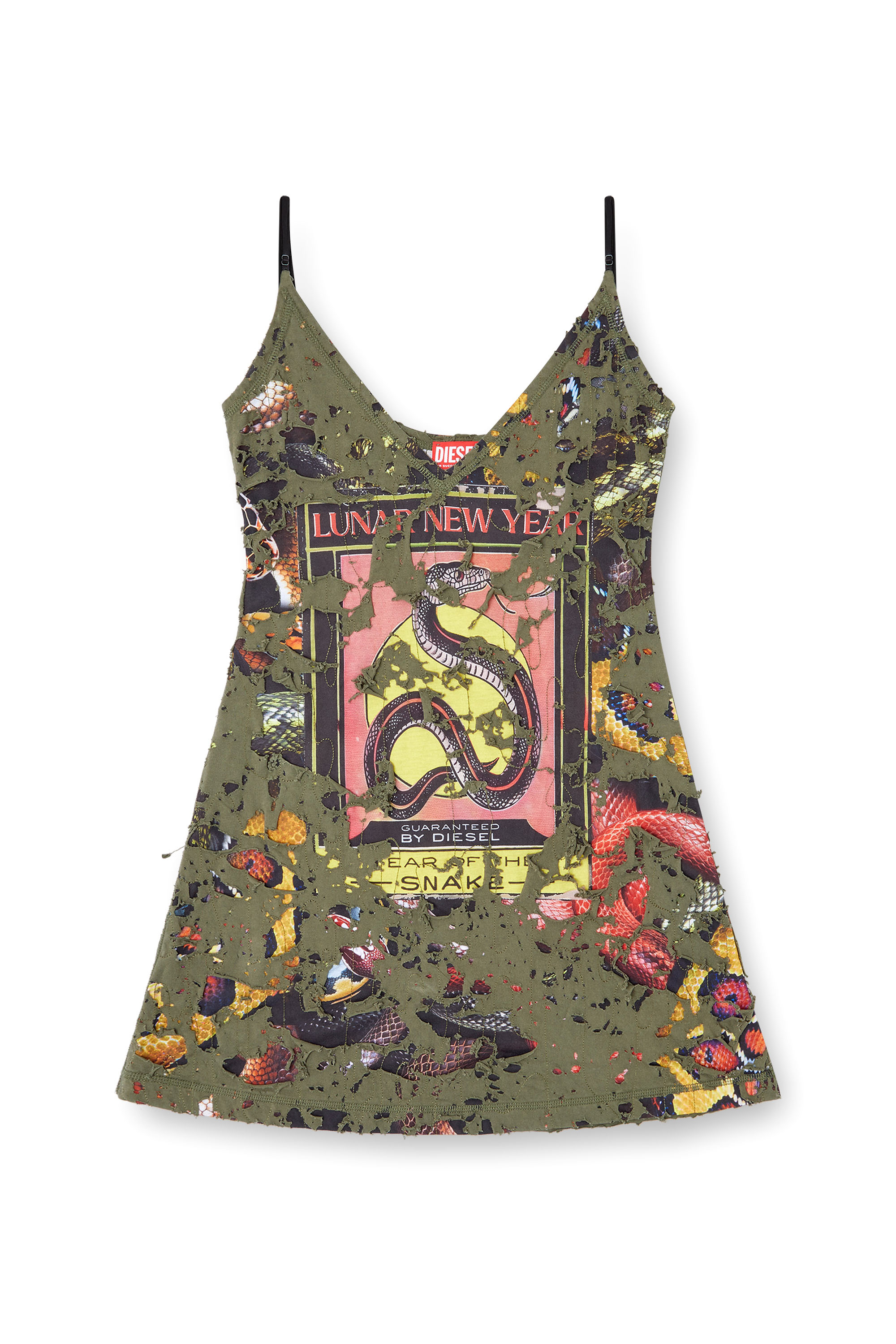 Diesel - CL-D-JENA-DEV-SNAKE, Female's Destroyed snake-print slip dress in Olive Green - 5