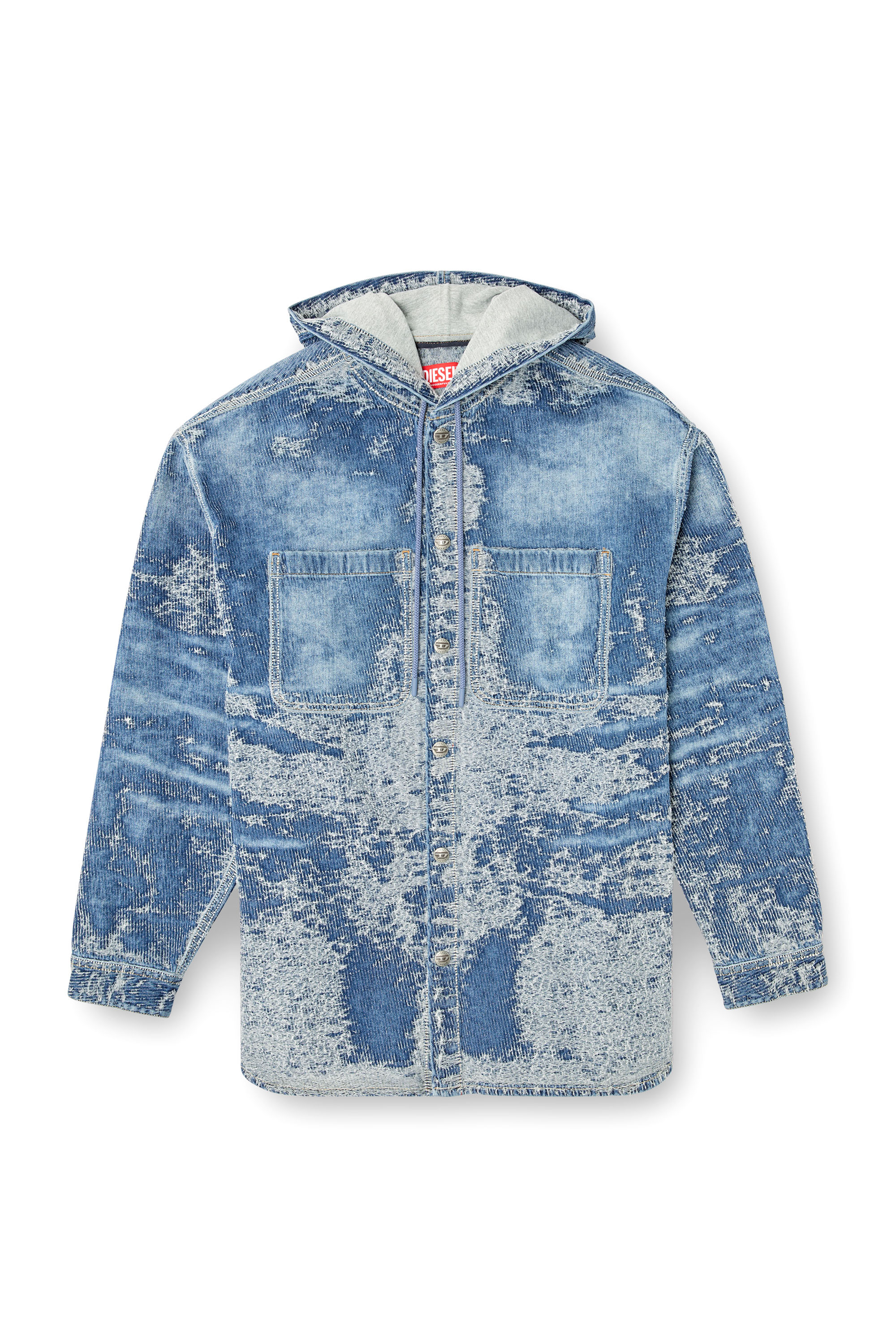 Diesel - D-DEWNYS-HOOD-S, Male's Overshirt in distressed jacquard denim in Medium Blue - 6