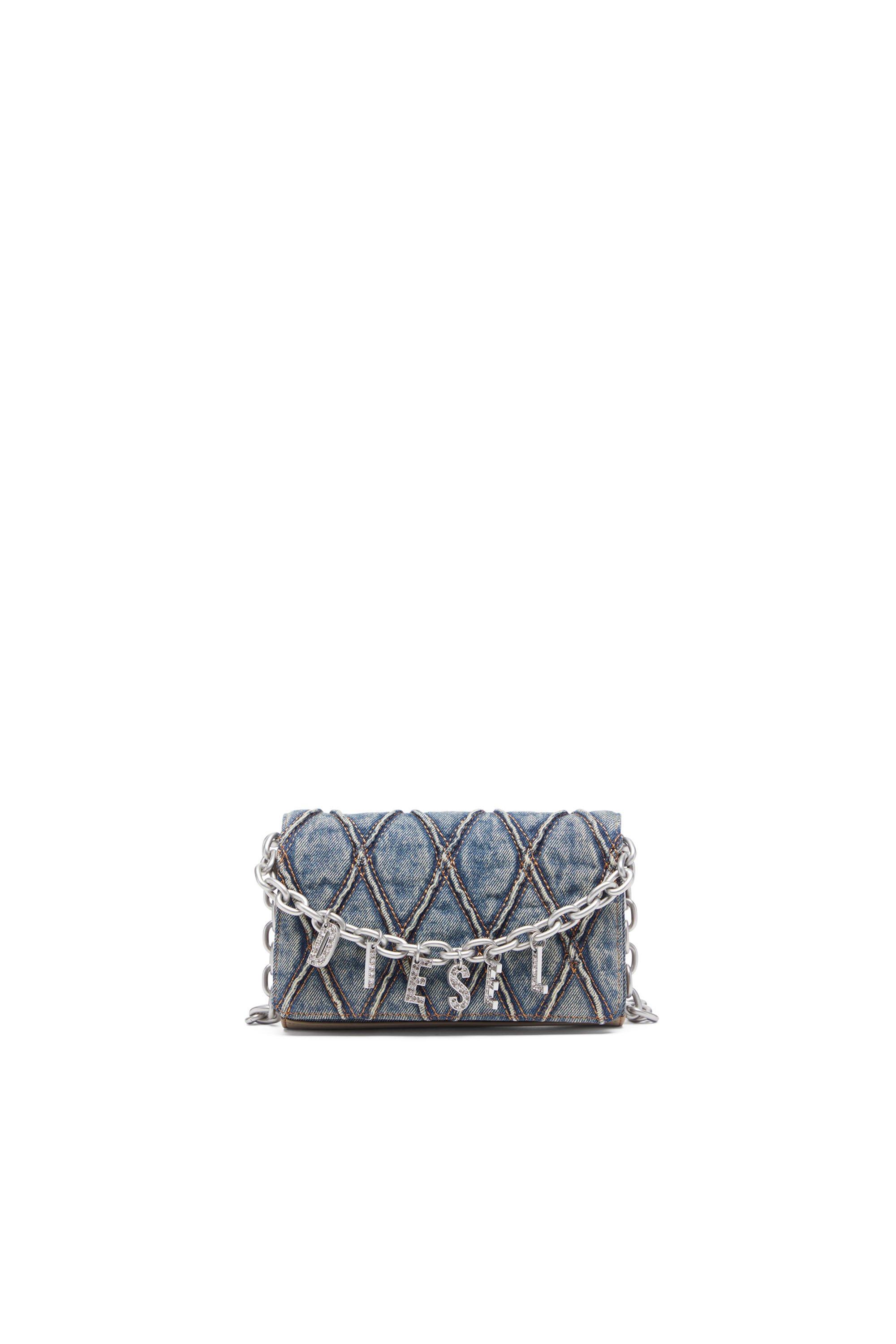 Diesel - CHARM-D WALLET STRAP, Porte-monnaie en denim matelassé motif argyle Femme in Bleu - 1