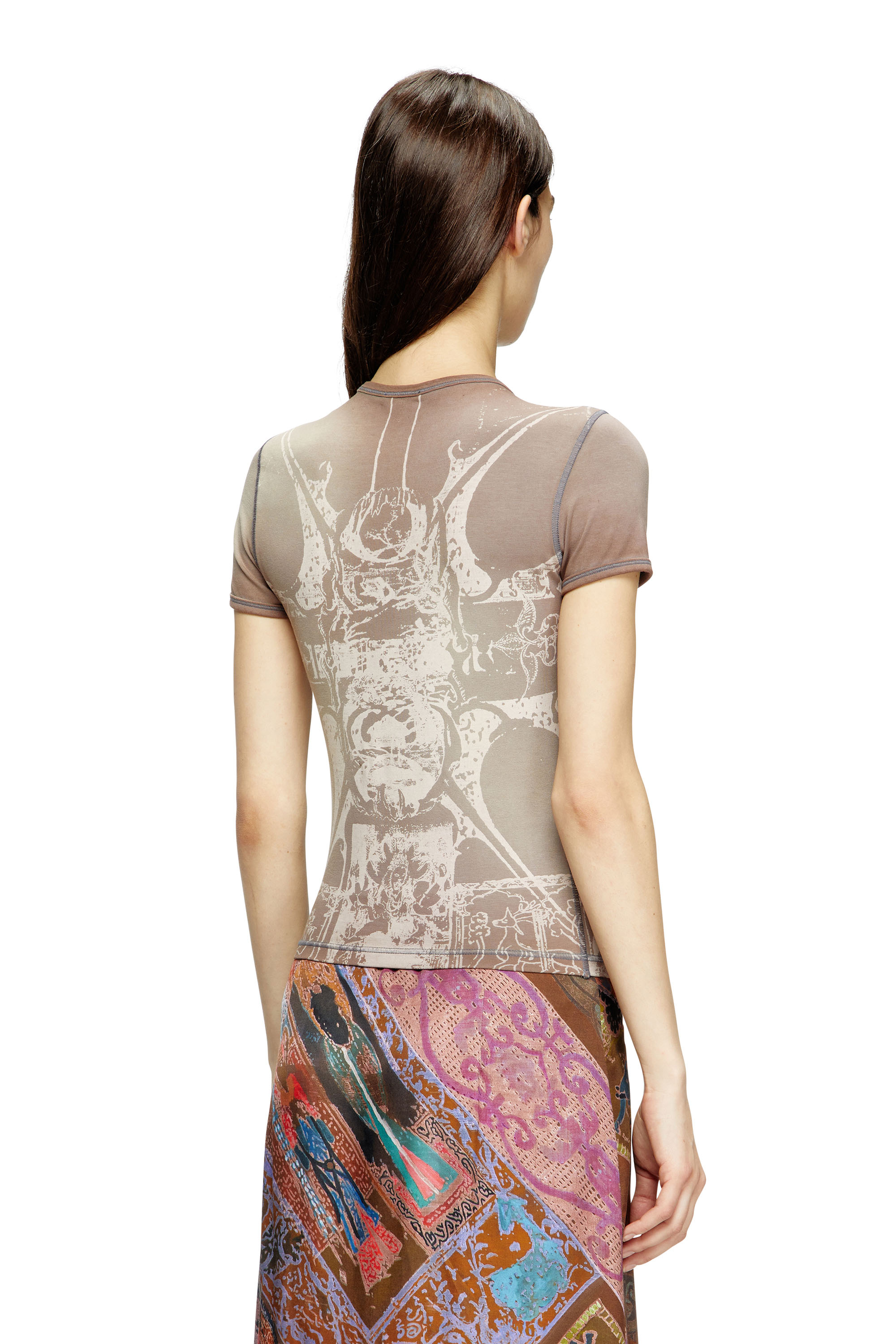 Diesel - T-UNCUTIES-LONG-R6, Female's T-shirt with foil print in Light Brown - 3