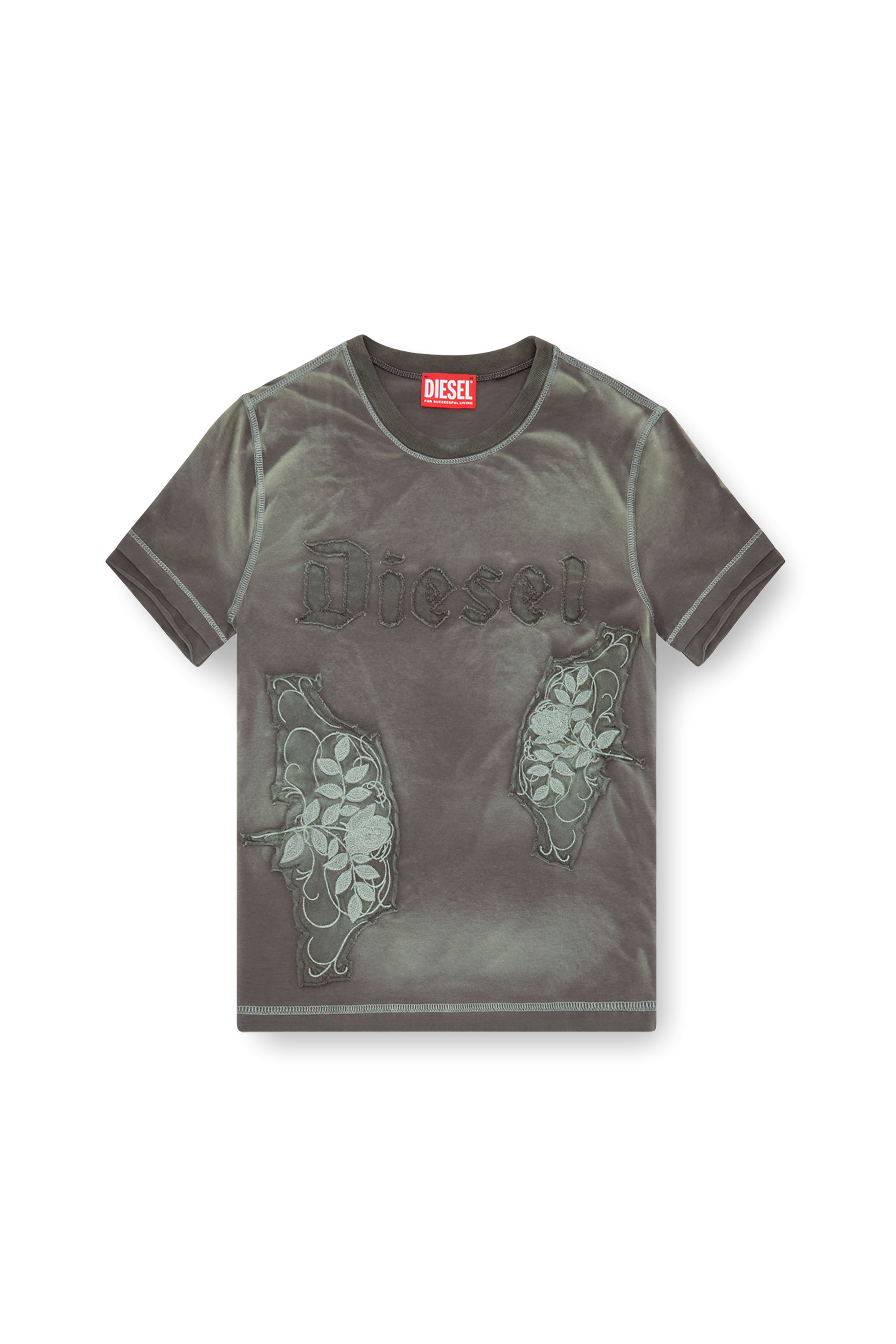 Diesel - T-UNCUT, T-shirt avec empiècements fleuris brodés Femme in Vert - 4