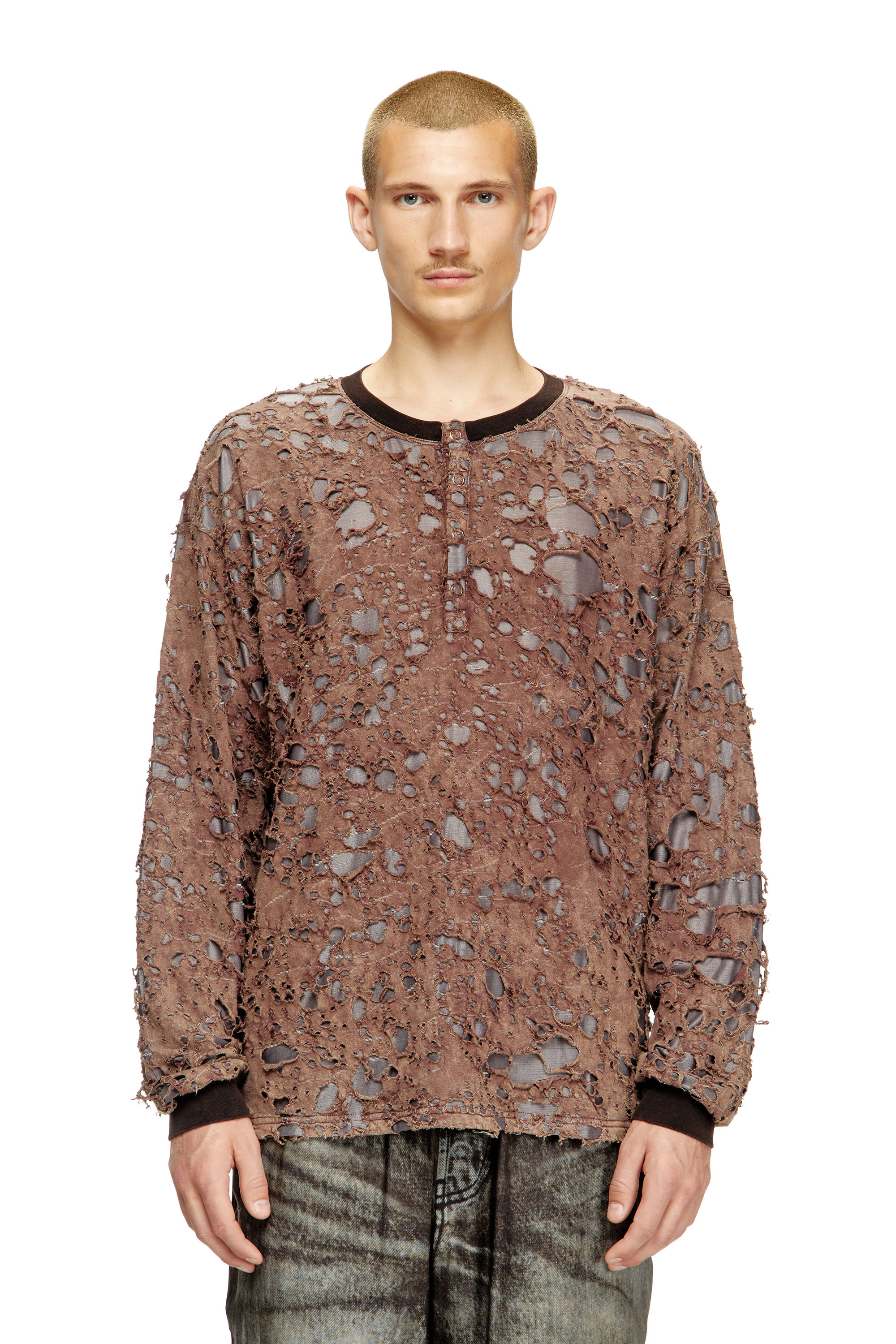 Diesel - T-OVERT, Male's Long-sleeve T-shirt in destroyed jersey in Brown - 1