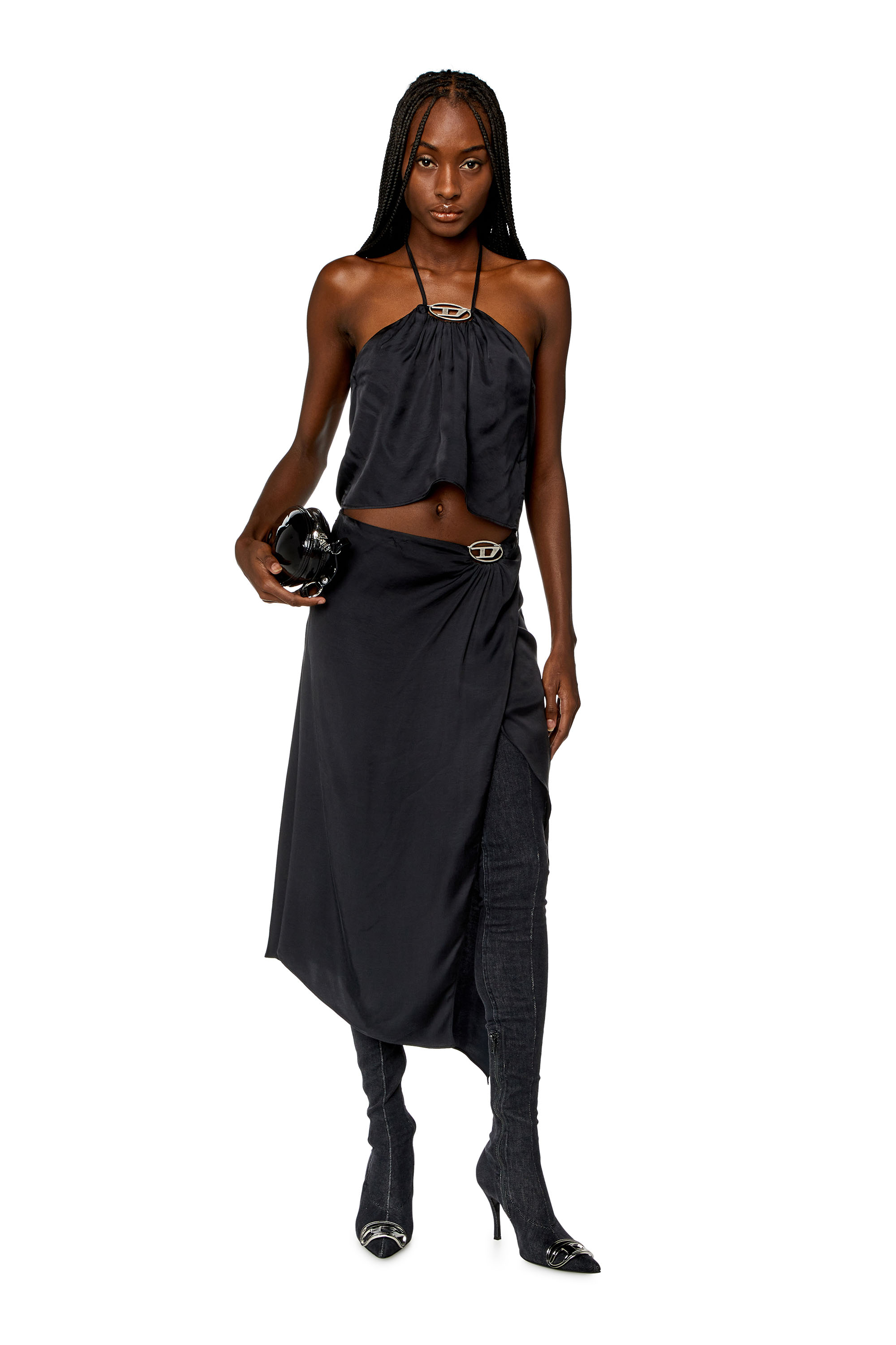Diesel - O-STENT-N1, Female Asymmetric midi skirt in satin in Grey - Image 2