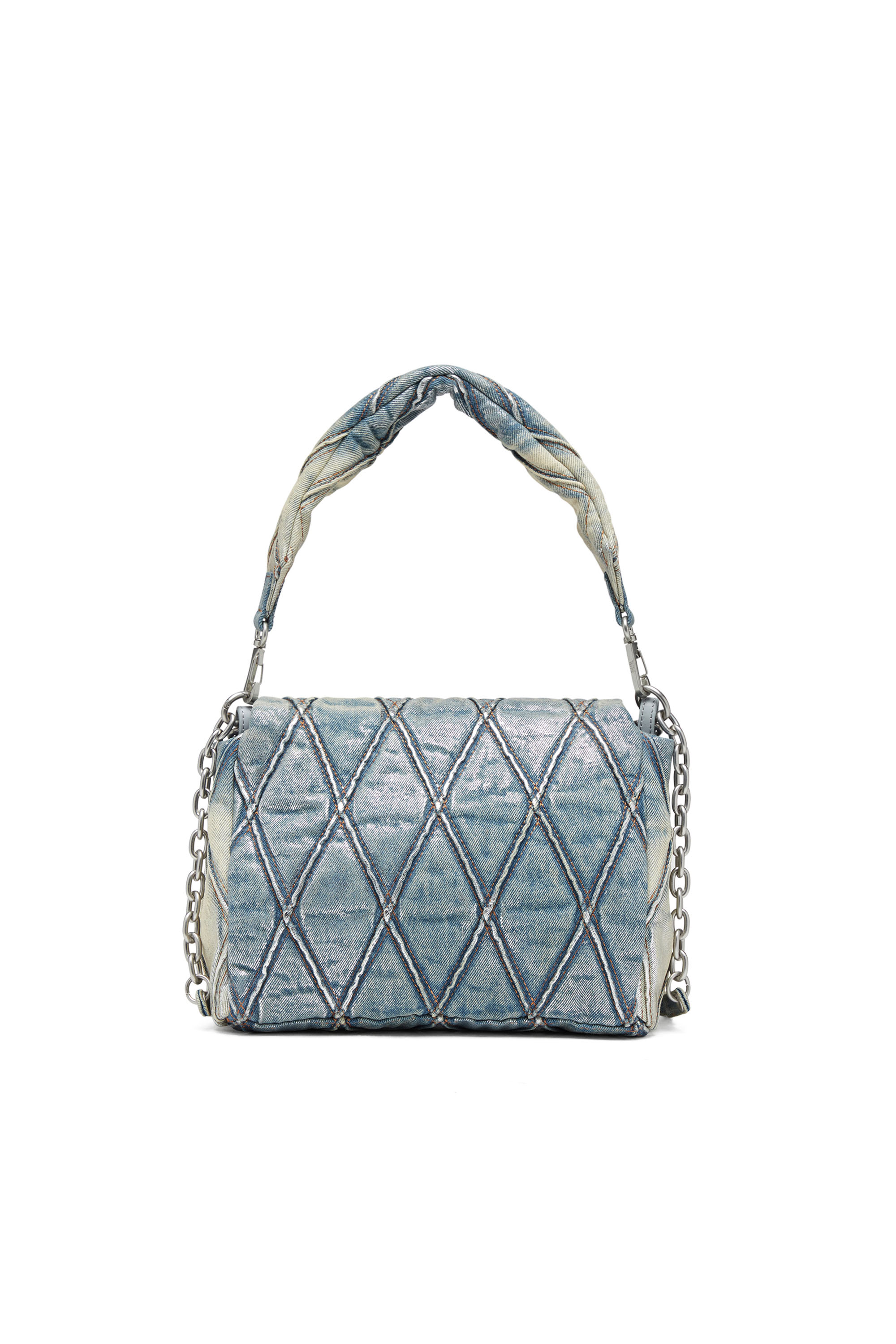 Diesel - CHARM-D SHOULDER M, Female's Charm-D M-Shoulder bag in metallic quilted denim in Light Blue - 2