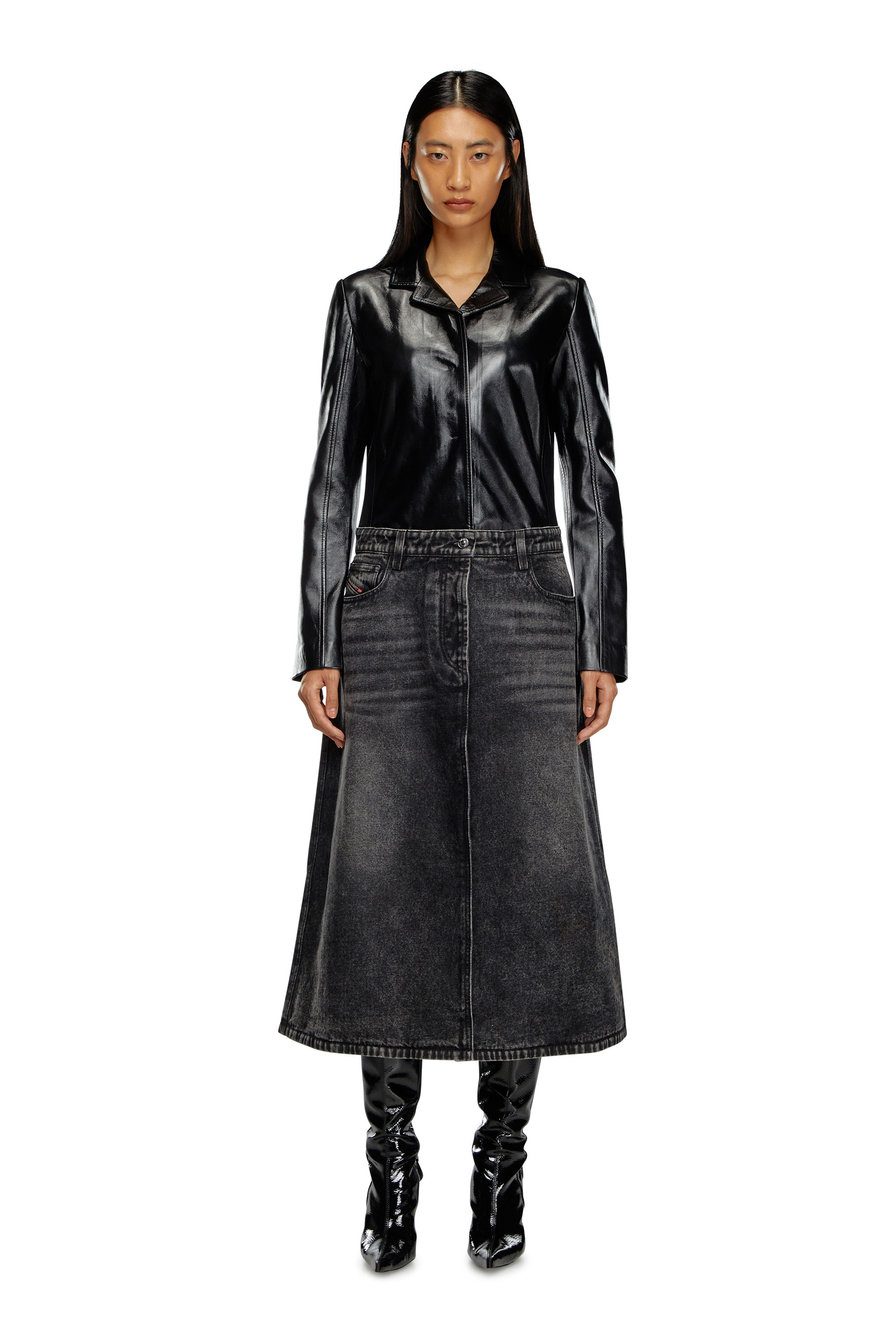 Diesel - L-ORY, Manteau hybride en denim et cuir Femme in Noir - 2