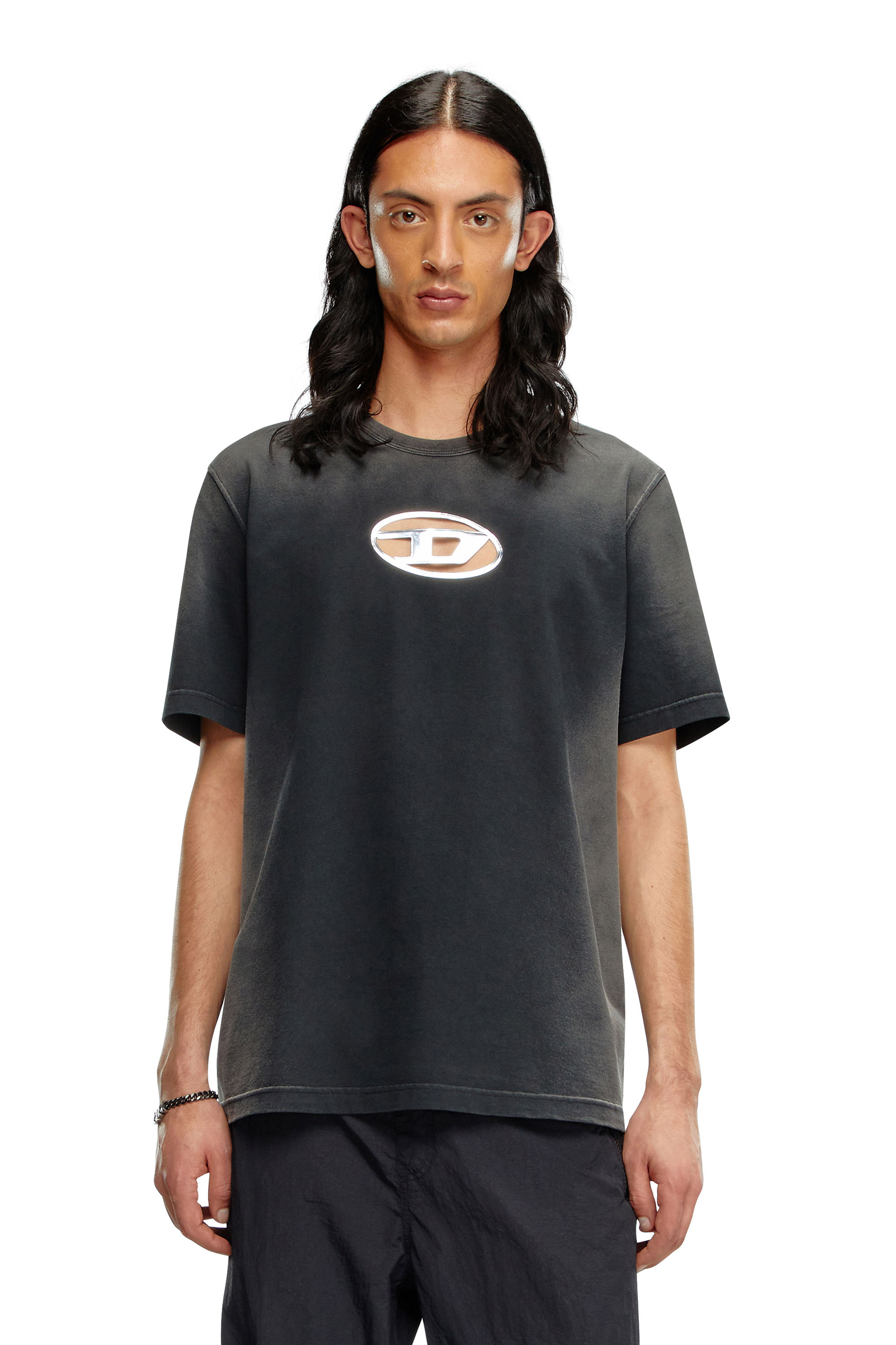 Diesel - T-ADJUST-Q8, Homme T-shirt délavé avec cut-out Oval D in Noir - Image 1