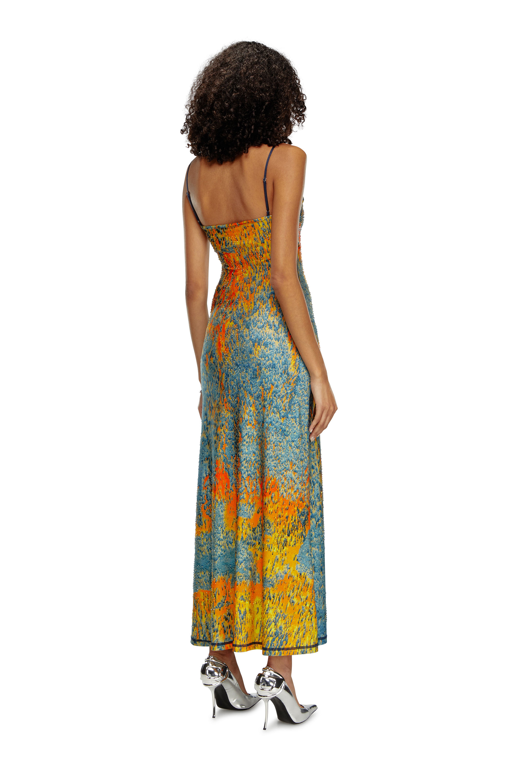 Diesel - D-AMOUR, Female's Long printed dress with clear crystals in Blue/Orange - 3