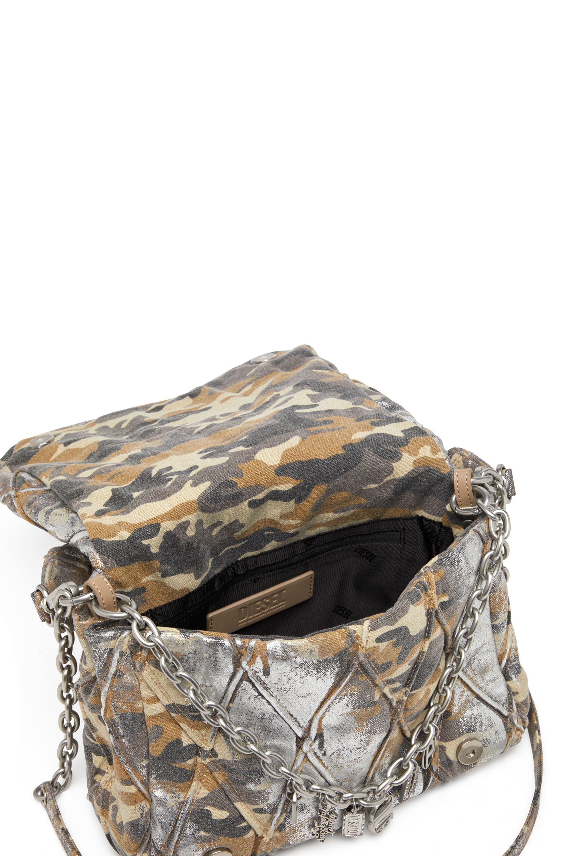 Diesel - CHARM-D SHOULDER M, Female's Charm-D M-Shoulder bag in metallic camo canvas in Multicolor/Brown - 4