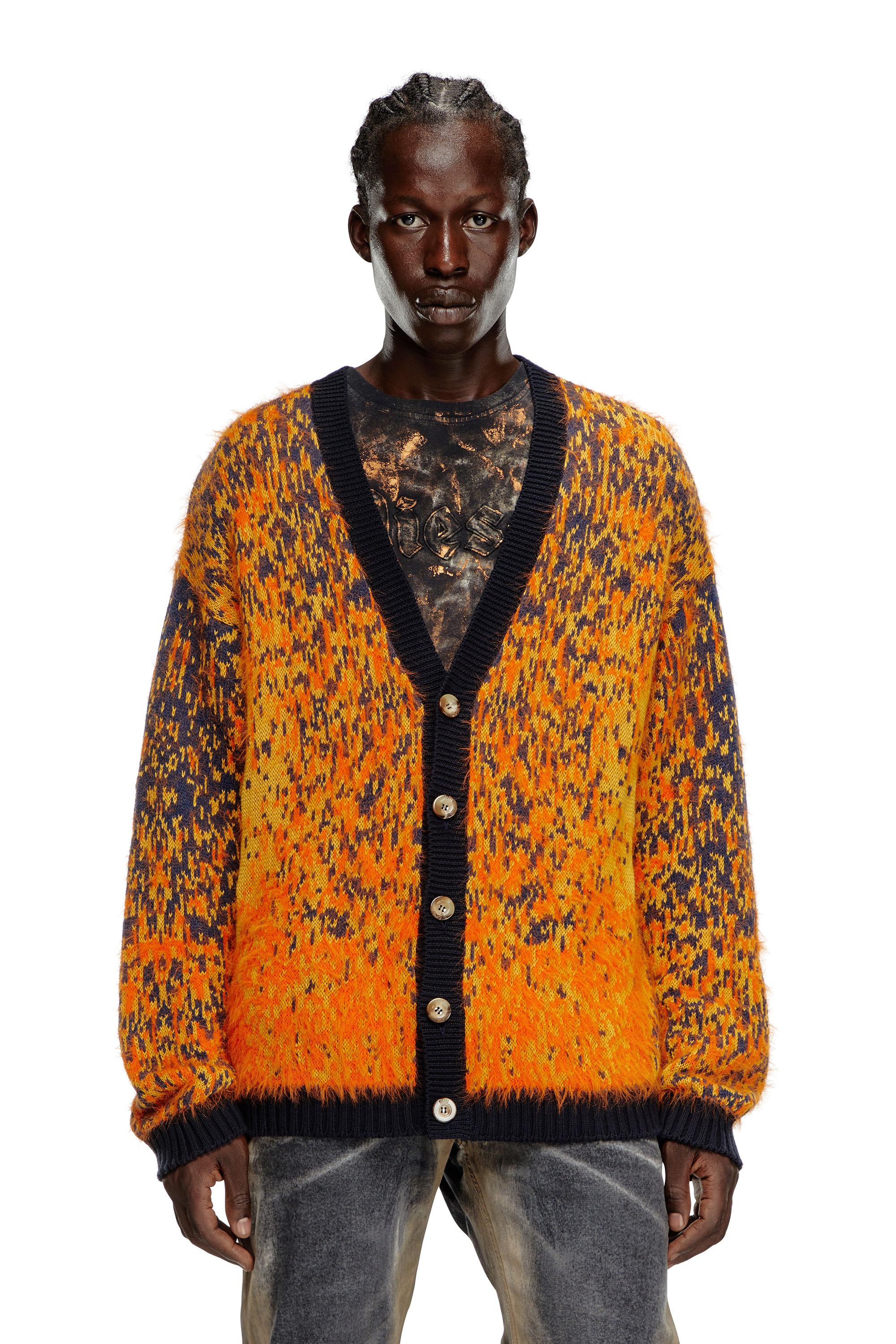 Diesel - K-RANGER, Male's Fuzzy cardigan with abstract pattern in Orange - 4