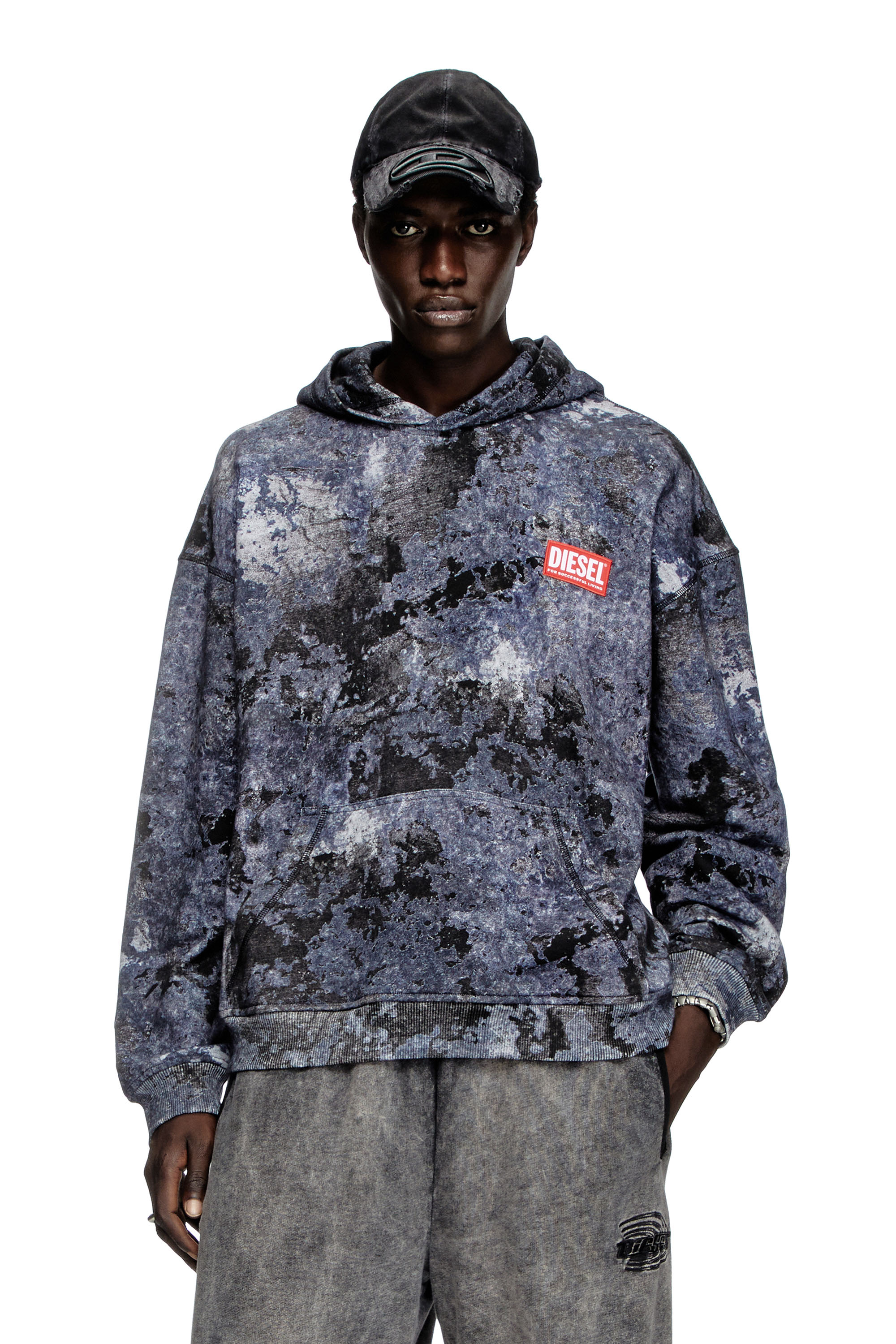 Diesel - S-BOXT-HOOD-R8, Male's Marble-effect burnout hoodie in Blue - 1