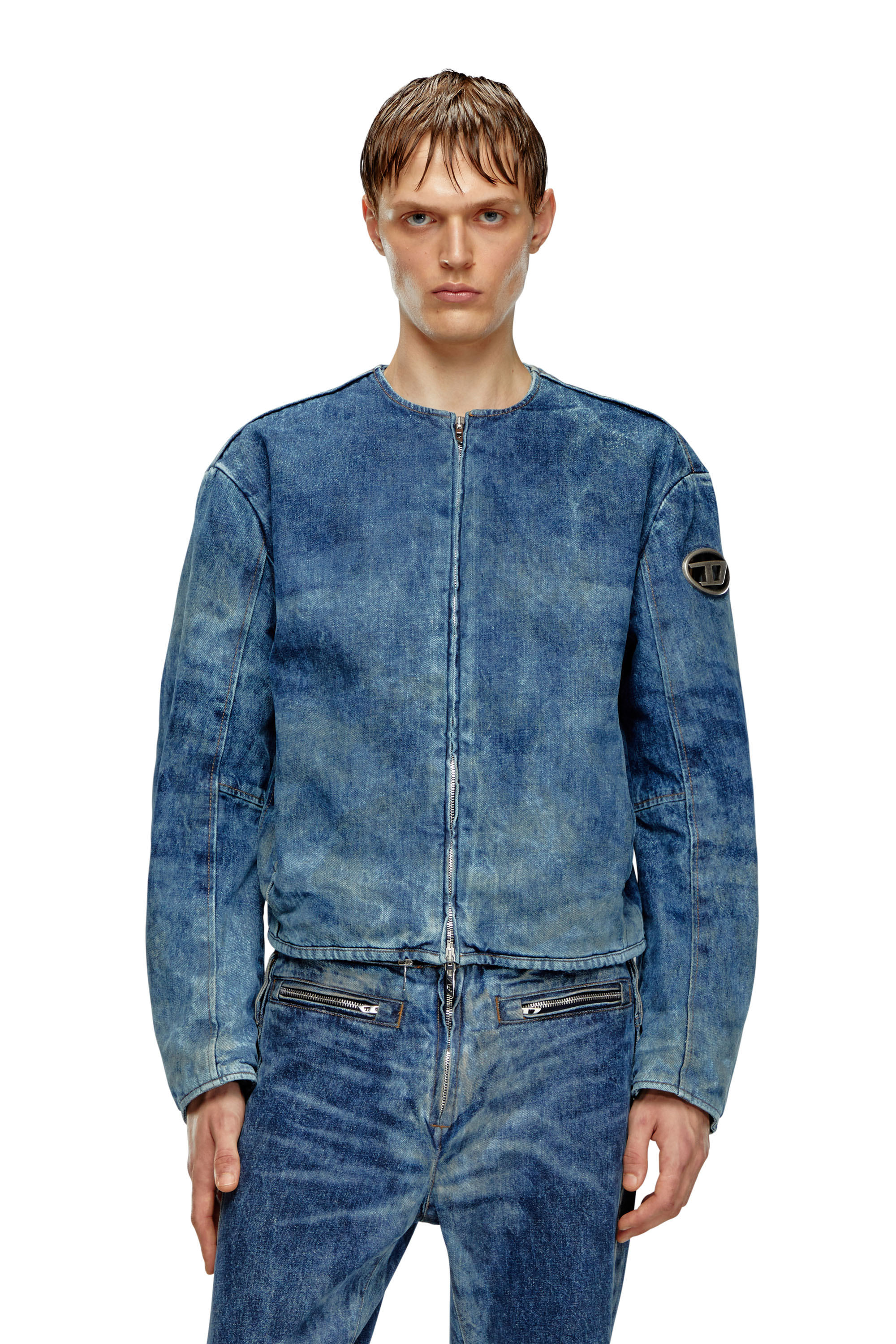 Diesel - D-CALUR-FSE, Male Denim jacket with biker zip details in Blue - Image 1
