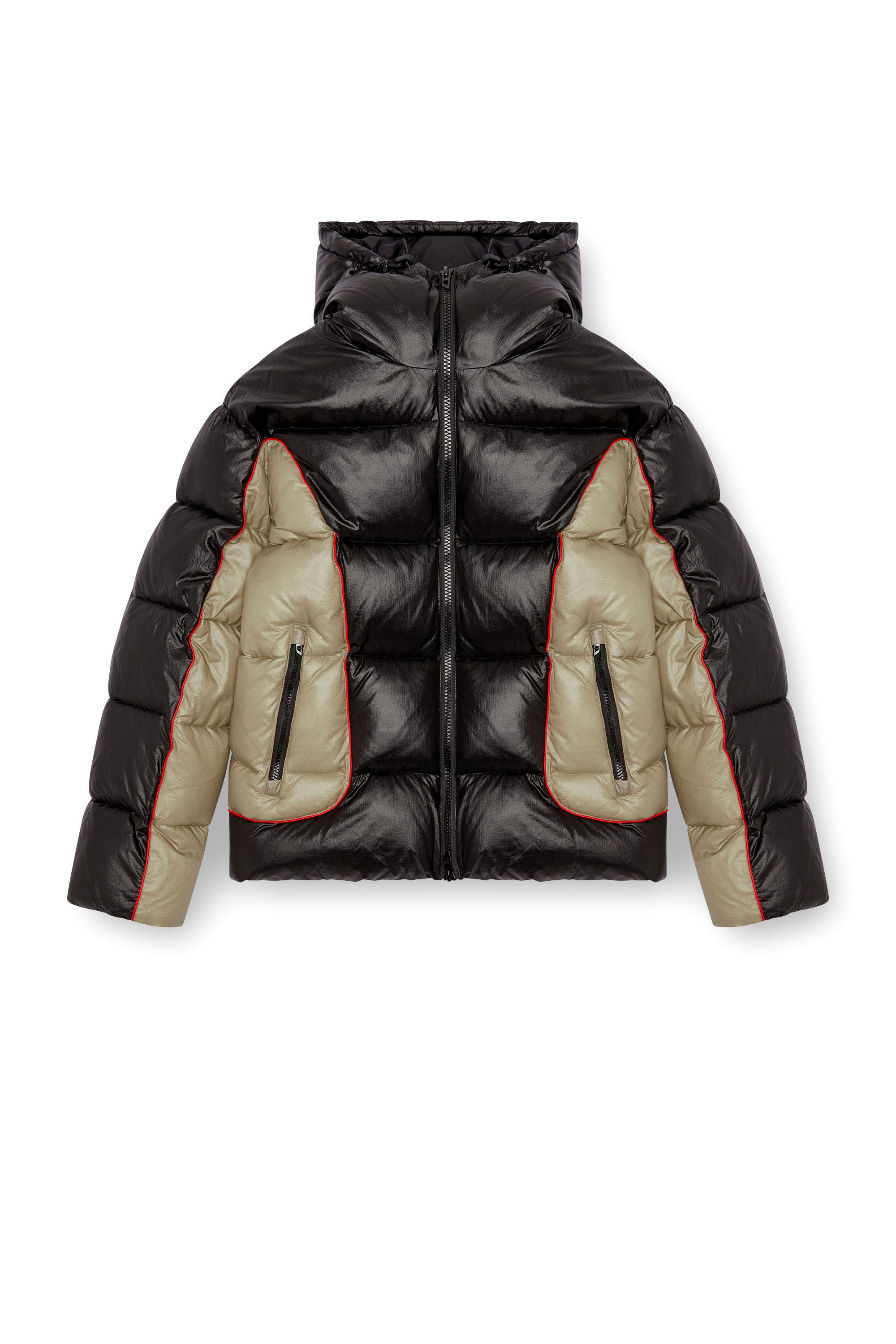 Diesel - W-OSTEND, Male's Hooded puffer jacket in shiny ripstop in Black/Beige - 5