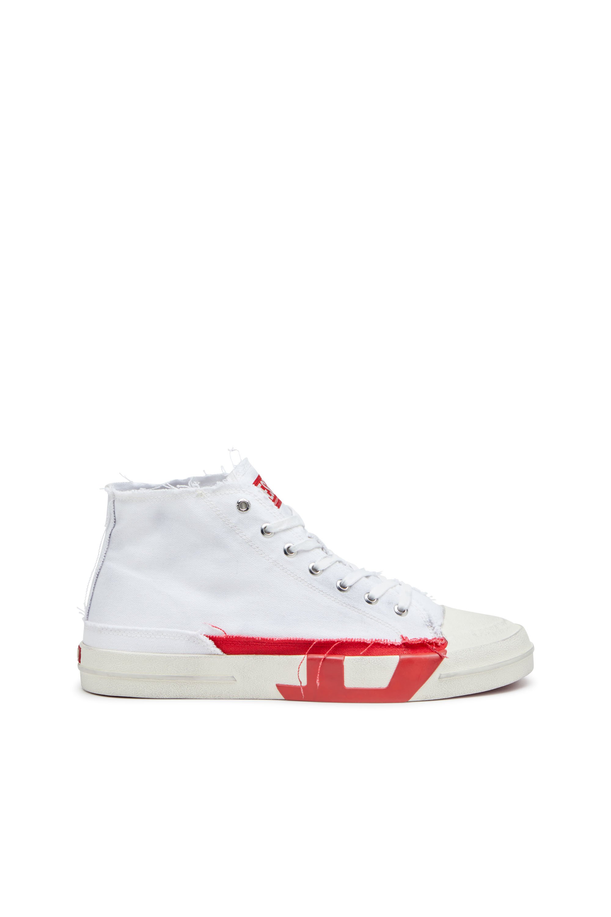 Diesel - S-D-VERSE MID, Male's Dirty-effect high-top canvas sneakers in White/Red - 1