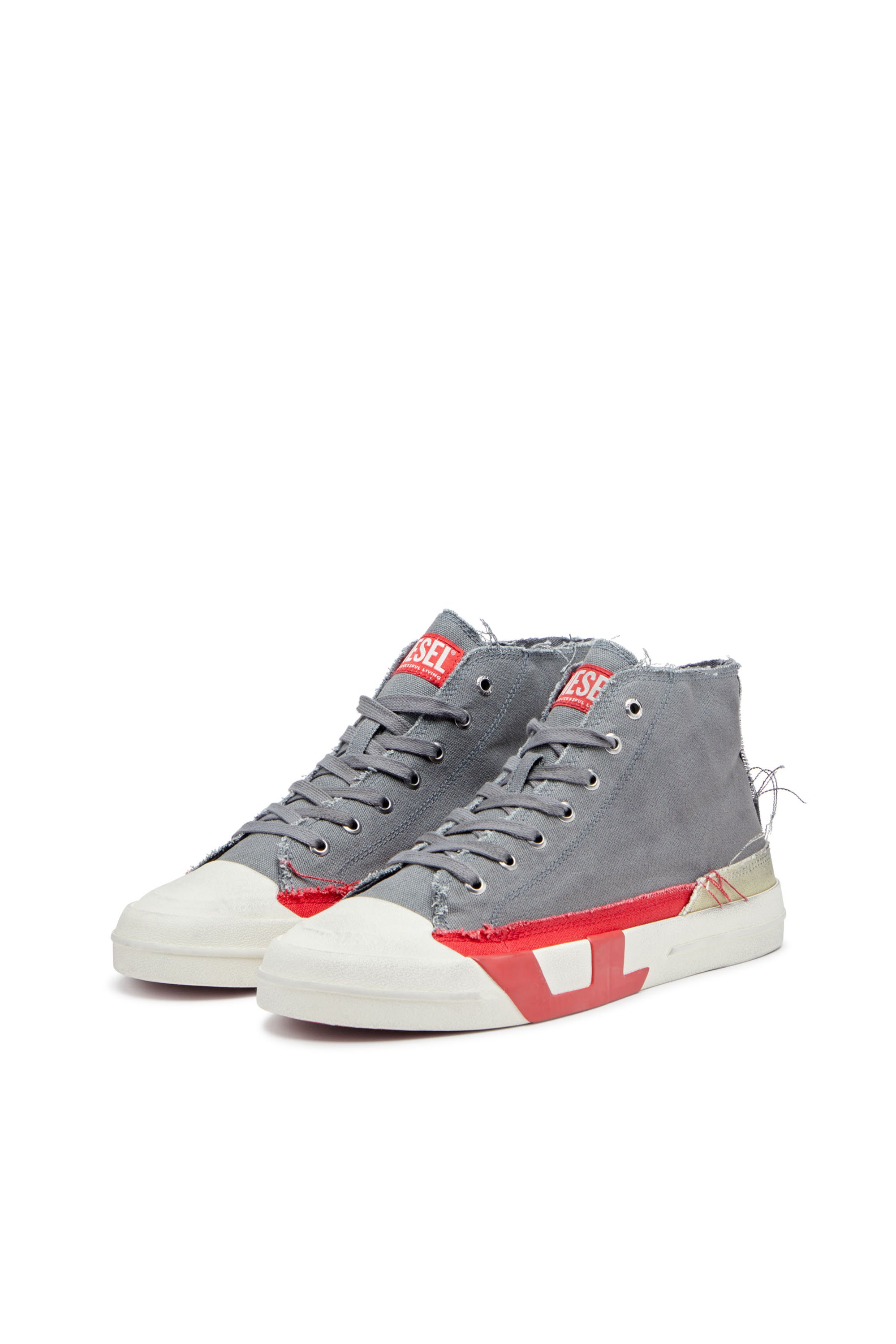 Diesel - S-D-VERSE MID, Male's Dirty-effect high-top canvas sneakers in Grey/Red - 8