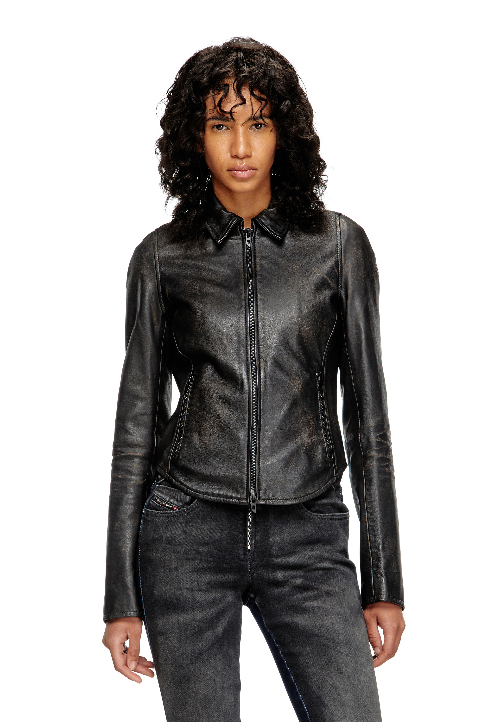 Diesel - L-EGRAD, Female's Distressed leather jacket in Black - 1