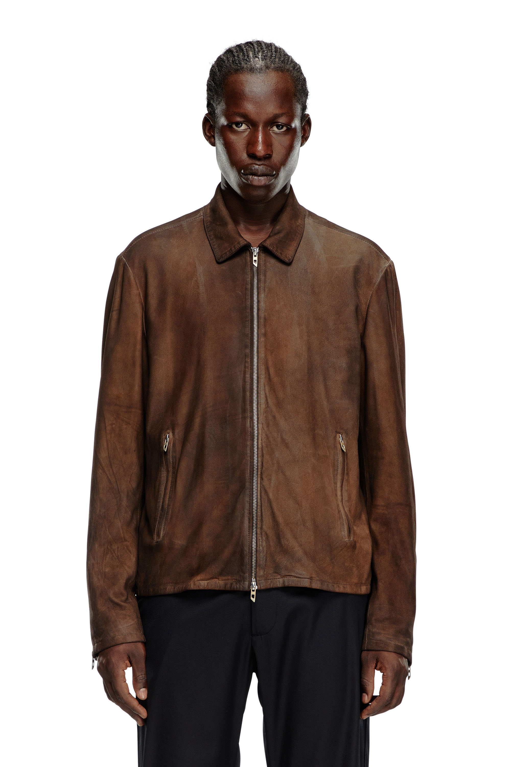 Diesel - L-CROMBE, Male's Blouson jacket in treated leather in Brown - 5