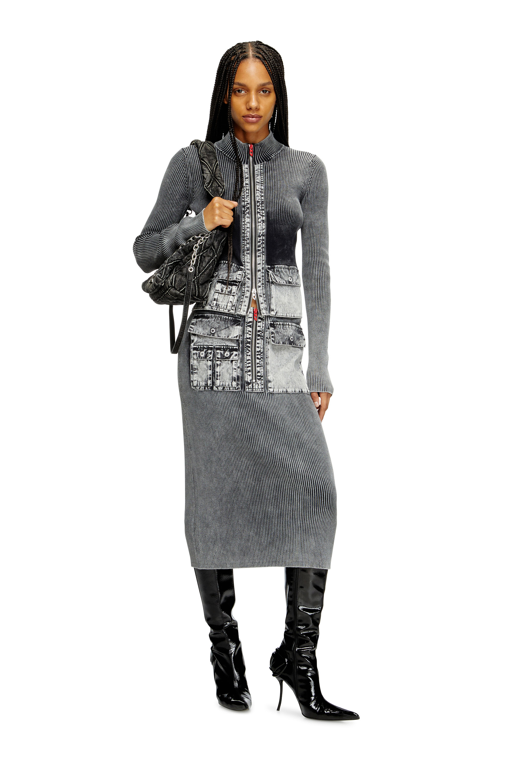 Diesel - M-MERYN, Female's Knit midi skirt with denim cargo pockets in Dark Grey - 2