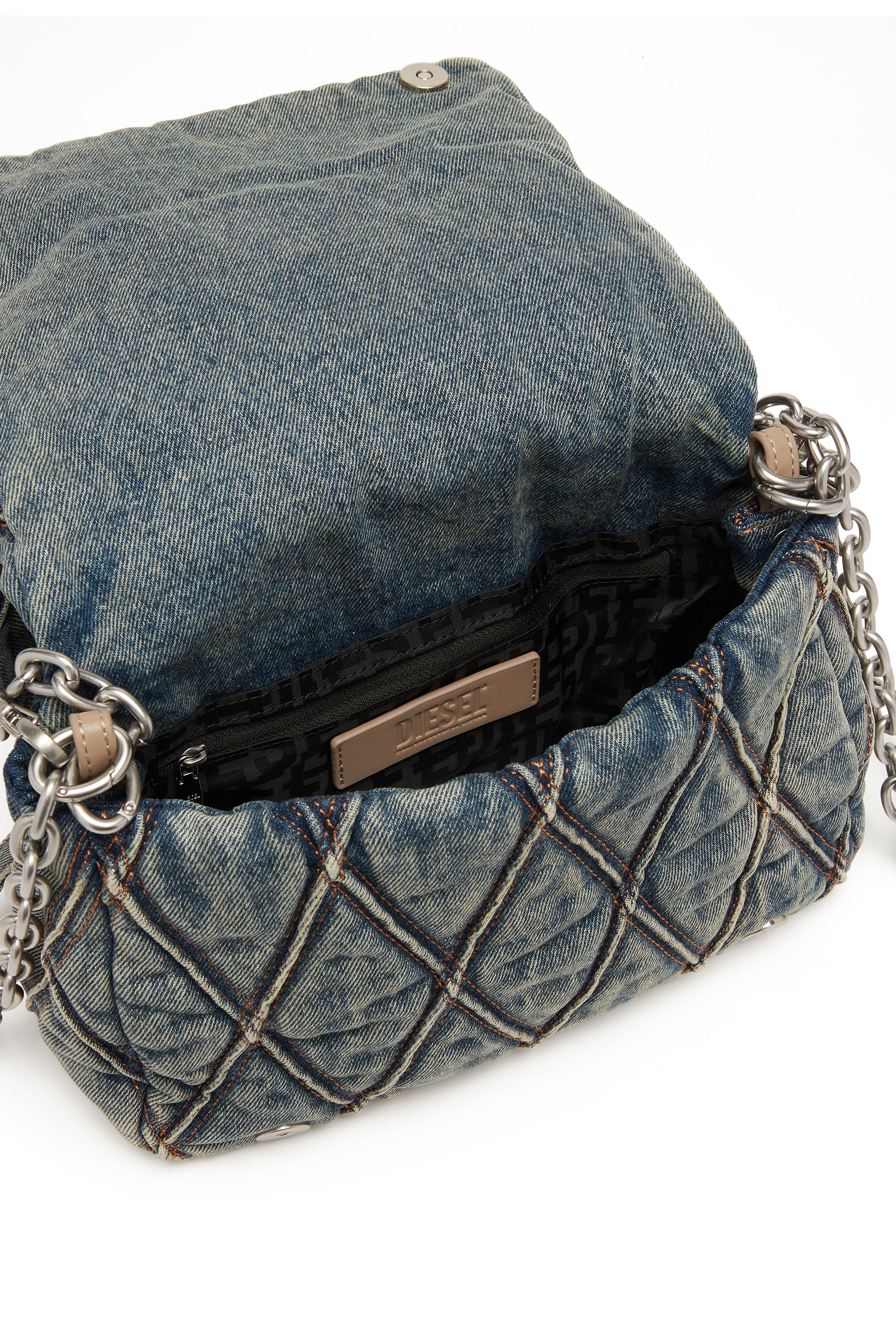 Diesel - CHARM-D SHOULDER M, Female Charm-D M-Handbag in quilted denim in Blue - Image 4