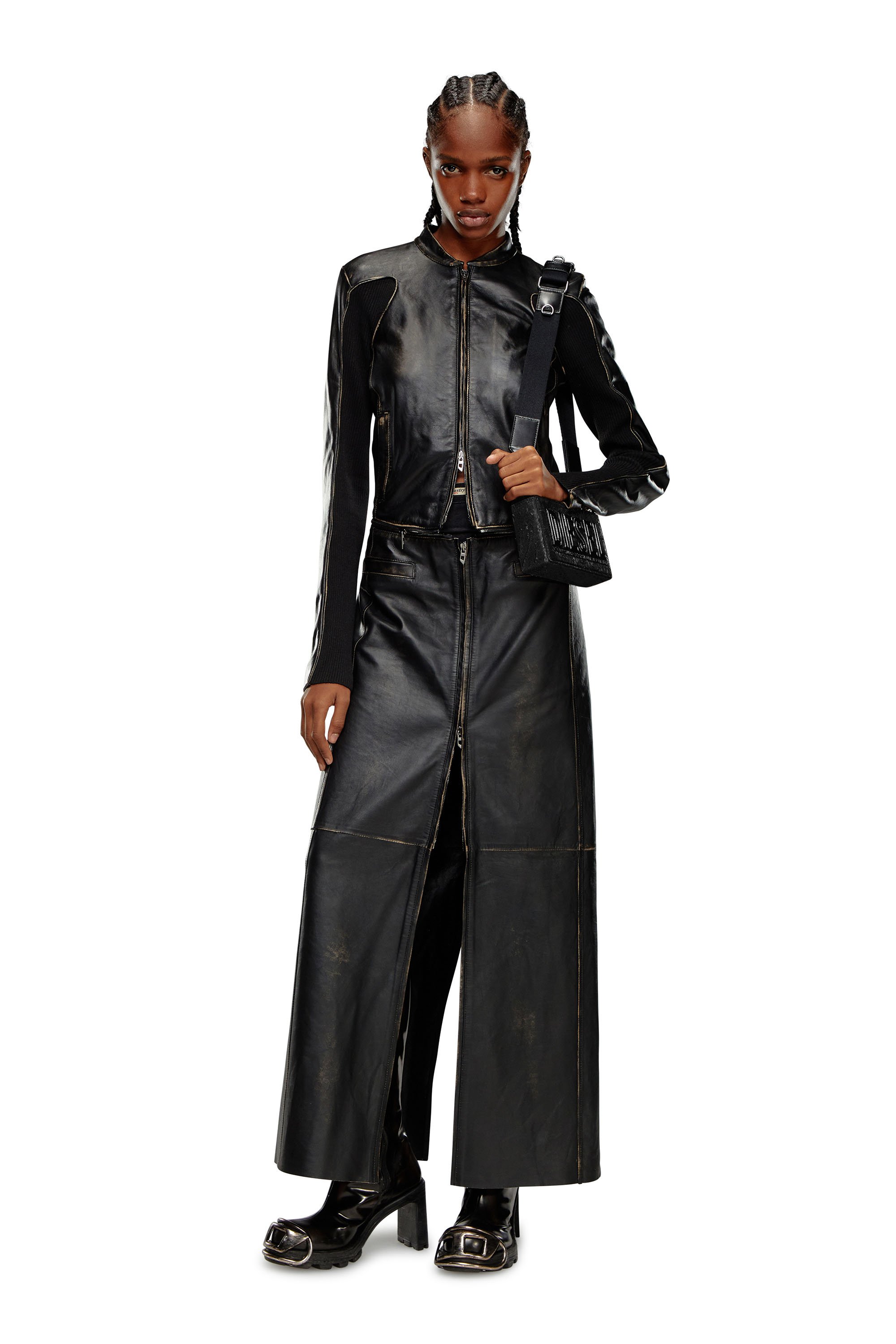 Diesel - L-TOT, Female 2-in-1 convertible leather dress in Black - Image 1