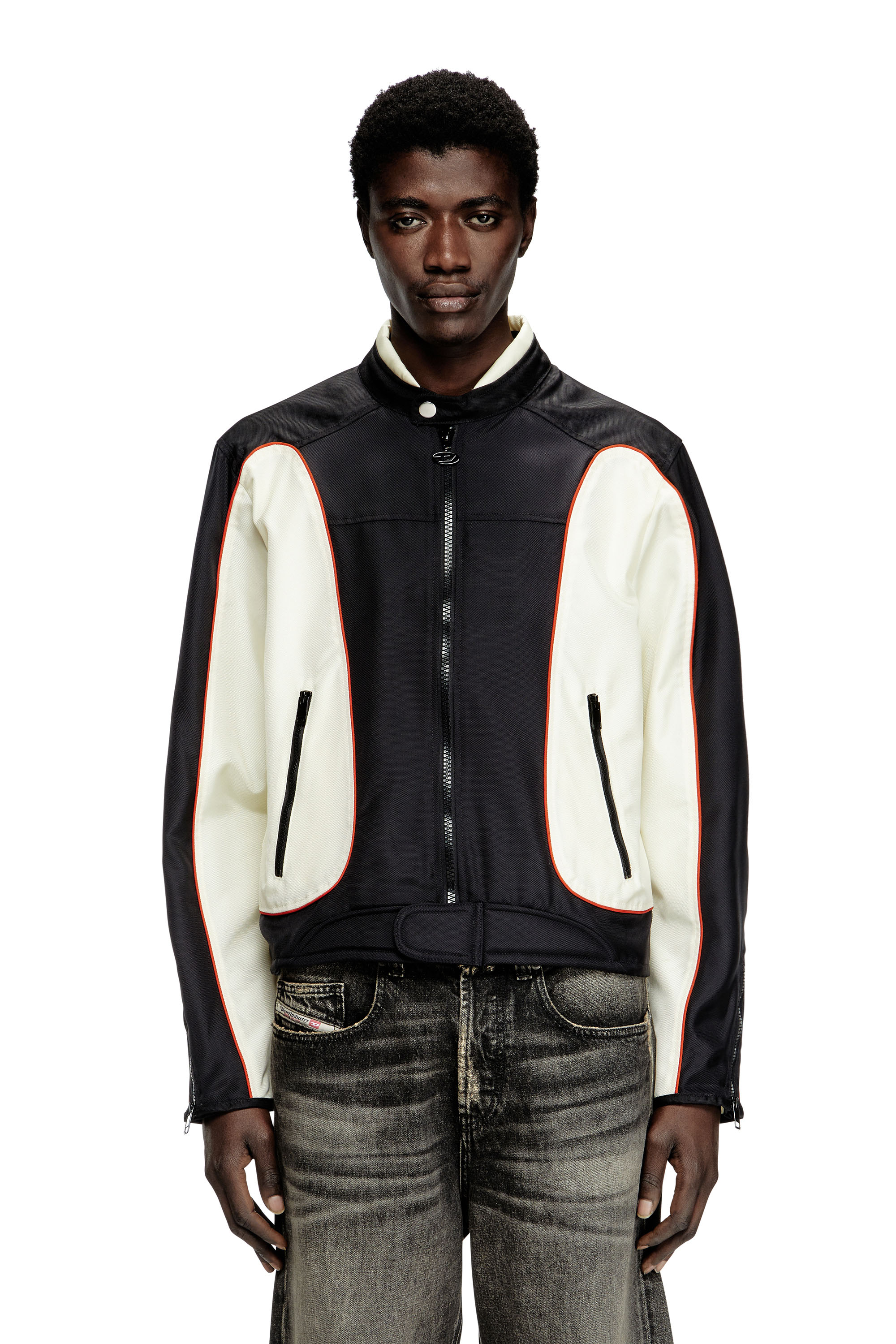 Diesel - J-BLINK-A, Male's Colour-block biker jacket with piping in White/Black - 1