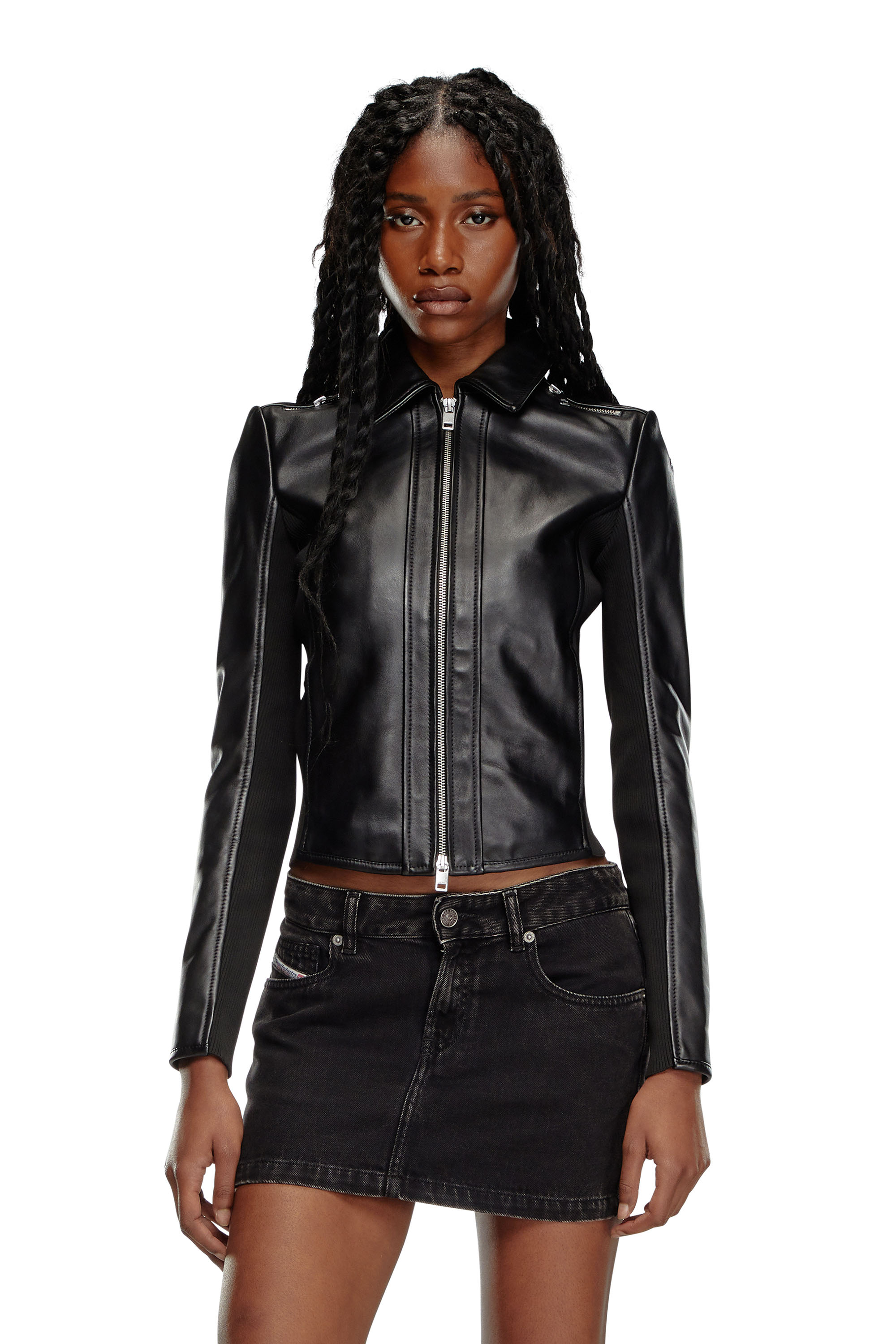 Diesel - L-SASK, Female Leather biker jacket with rib panels in Black - Image 1