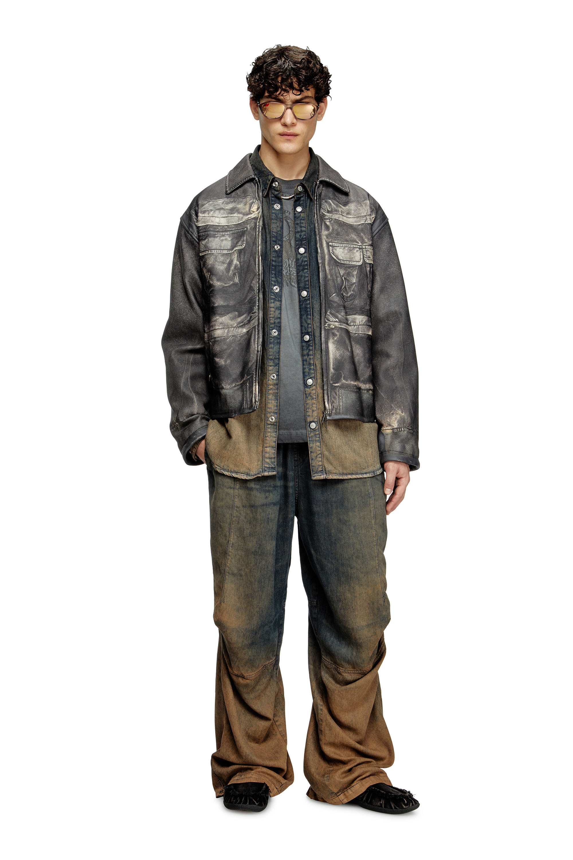 Diesel - L-MAYER, Male's Leather jacket with trompe l'oeil pockets in Black - 2