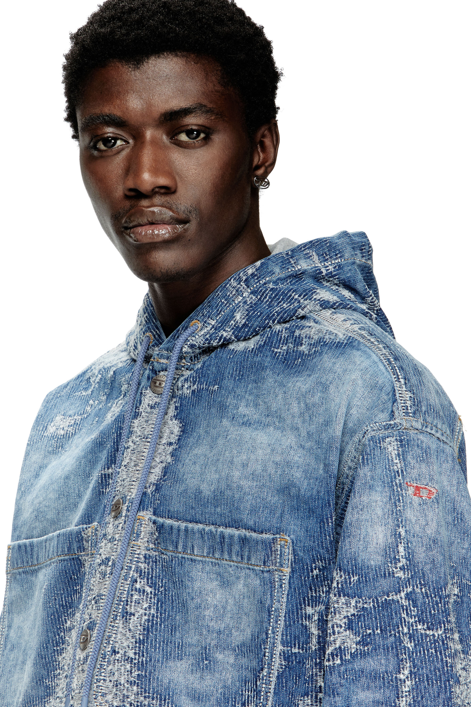 Diesel - D-DEWNYS-HOOD-S, Surchemise en denim jacquard effet vieilli Homme in Bleu - 3