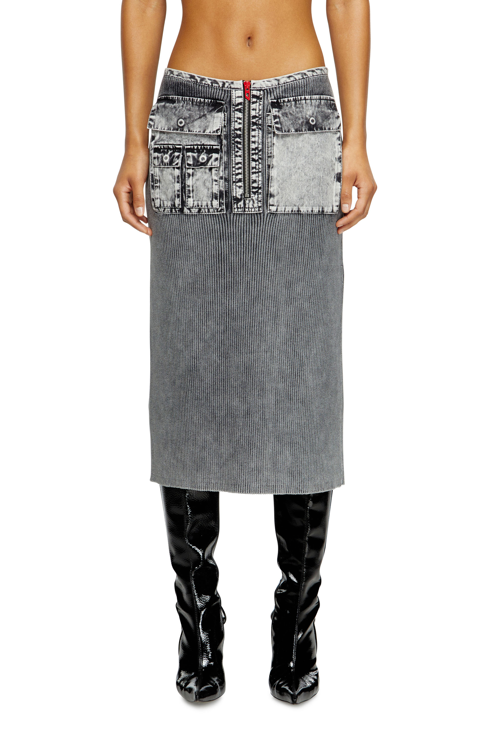 Diesel - M-MERYN, Female's Knit midi skirt with denim cargo pockets in Dark Grey - 1