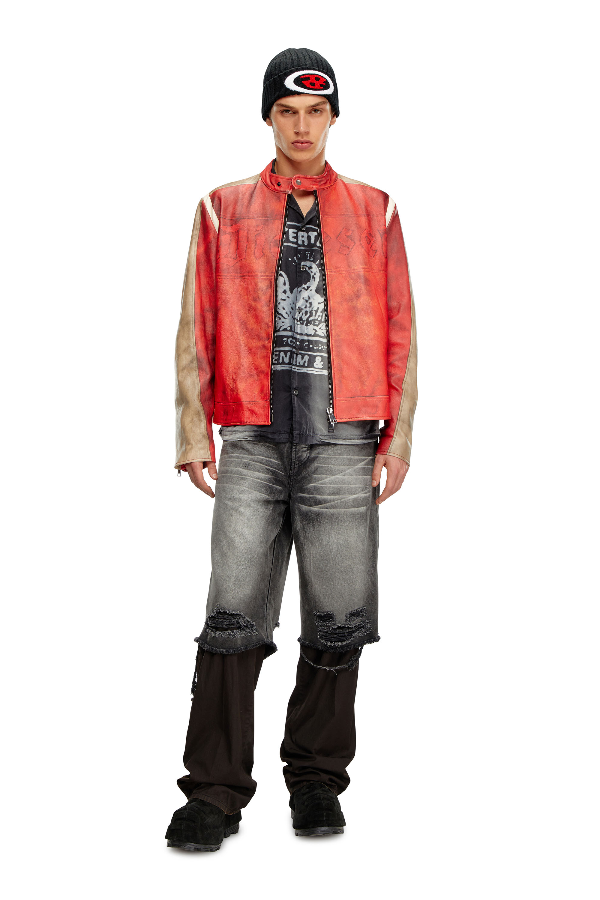 Diesel - L-RUSCHA, Male's Dirty-effect leather biker jacket in Red - 2