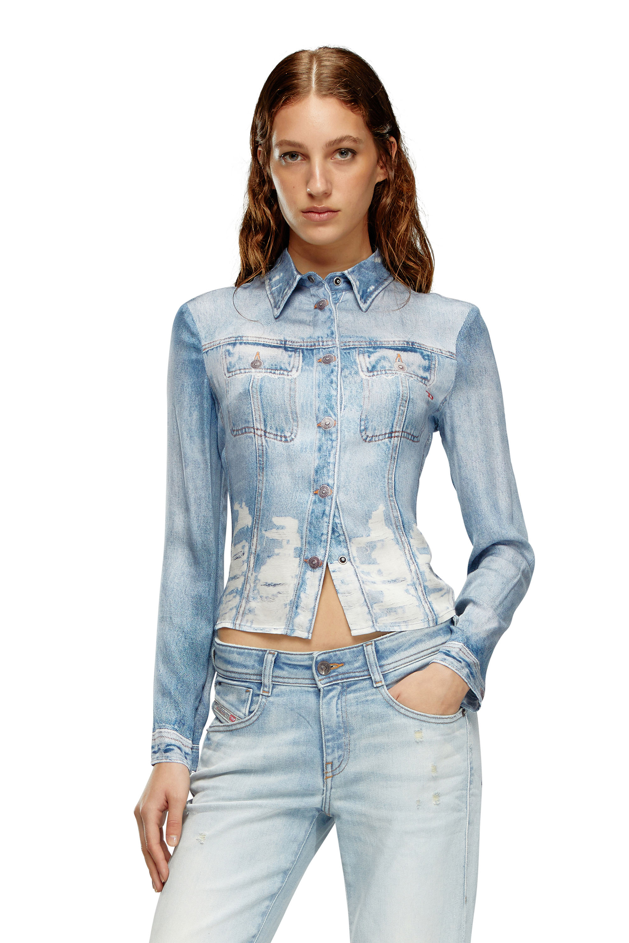 Diesel - C-LORELLE, Female Cropped shirt with denim print in Blue - Image 1