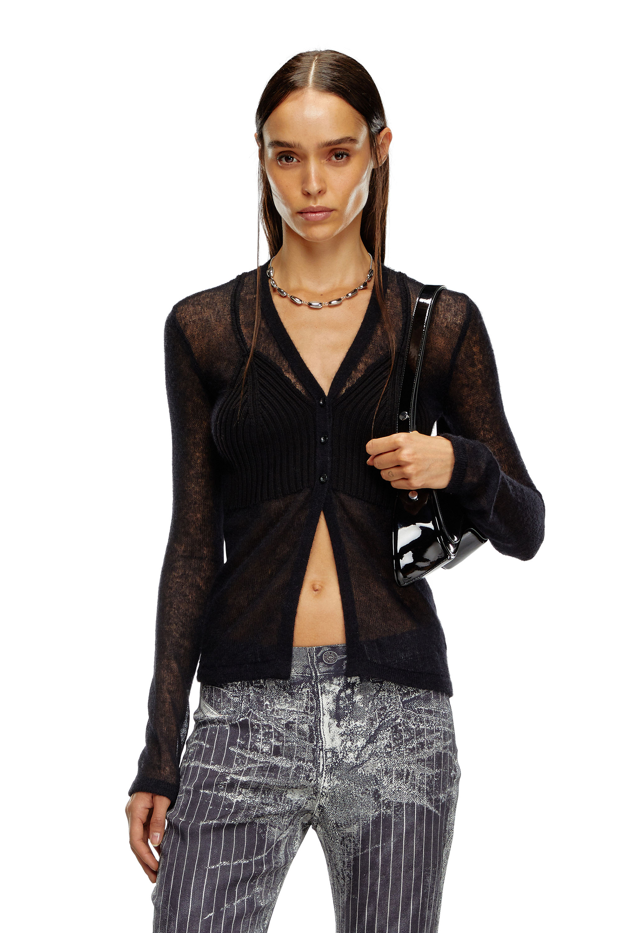 Diesel - M-ARINA, Cardigan transparent avec détail soutien-gorge Femme in Noir - 1