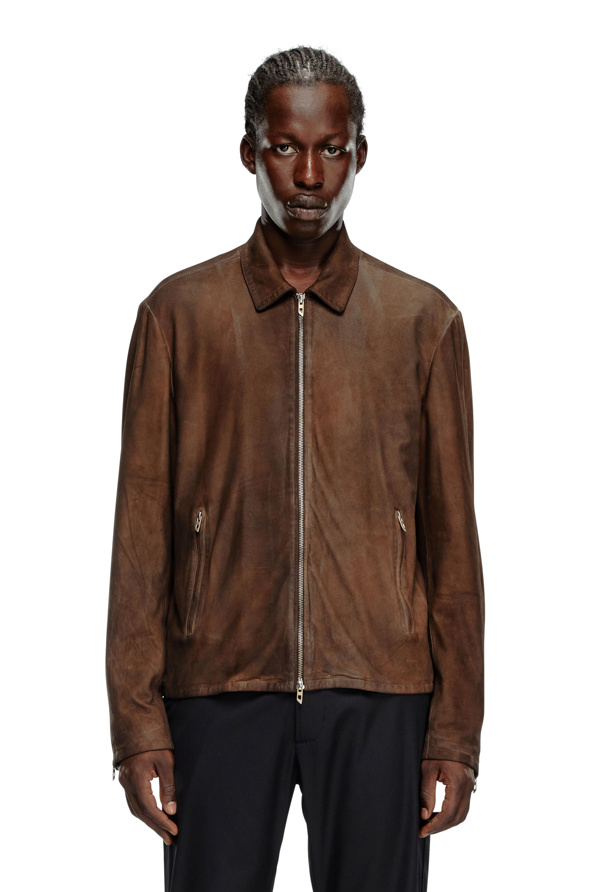 Diesel - L-CROMBE, Male's Blouson jacket in treated leather in Brown - 1