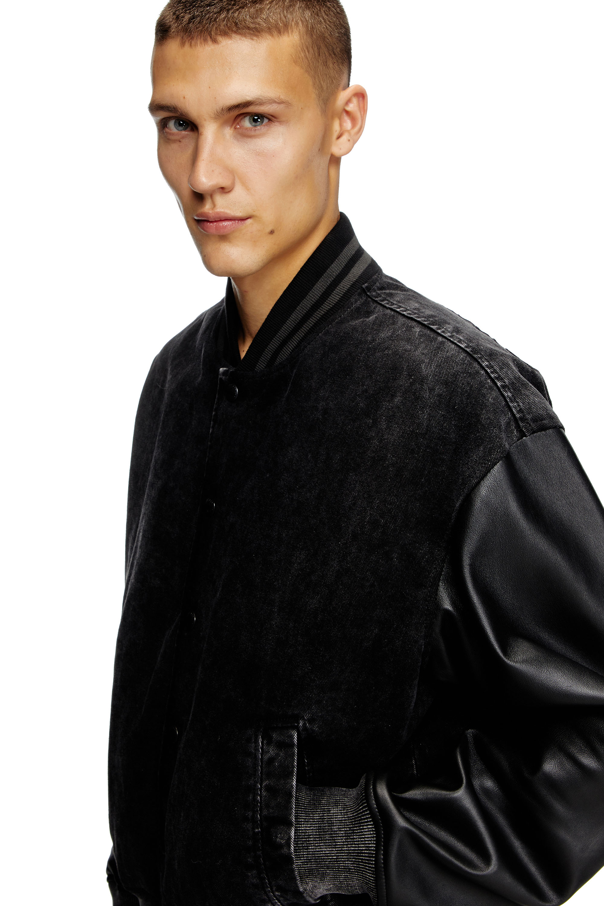 Diesel - L-NYN, Veste bomber en denim et cuir Homme in Noir - 4