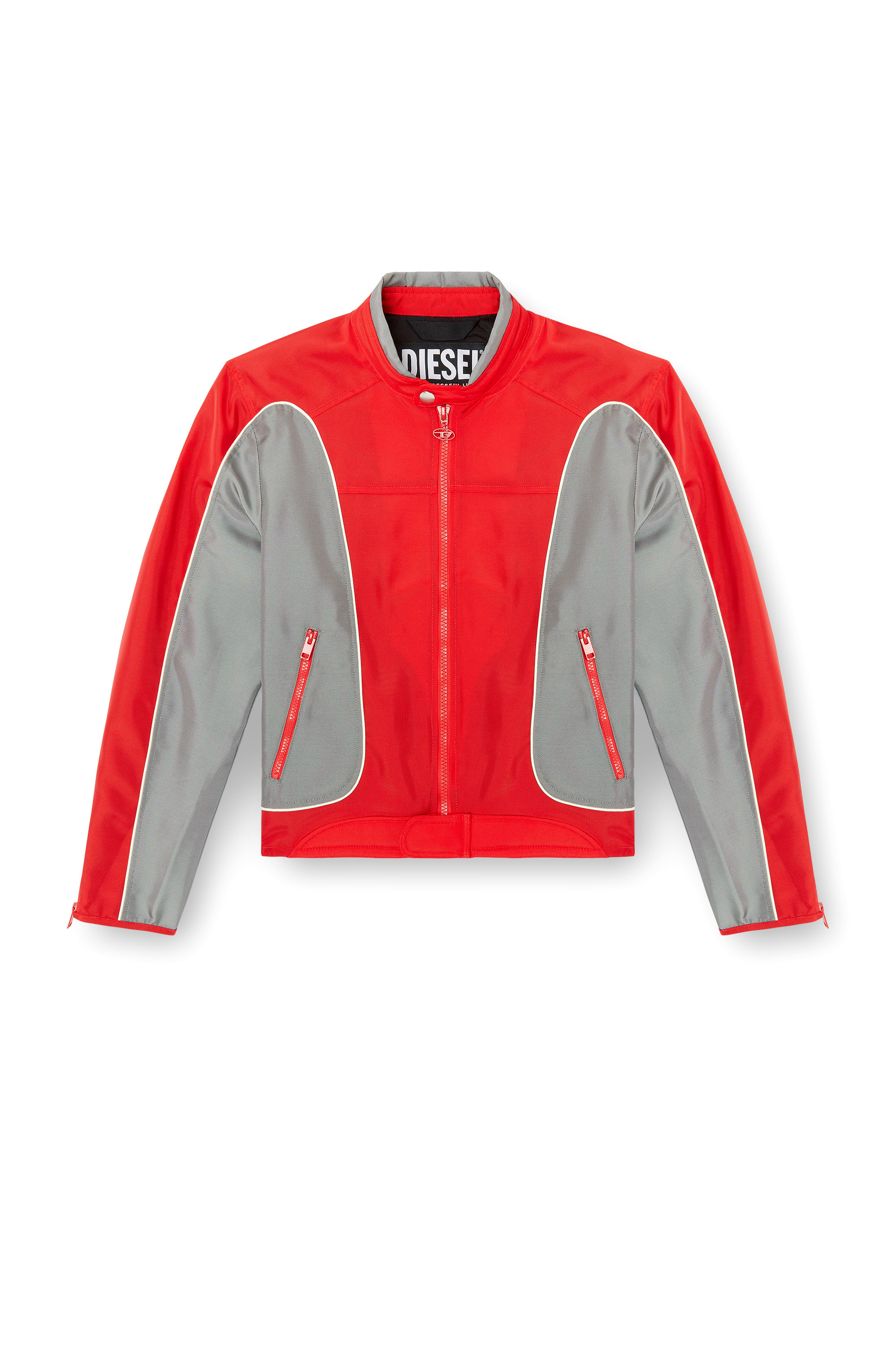 Diesel - J-BLINK-A, Male's Colour-block biker jacket with piping in Red/Grey - 5