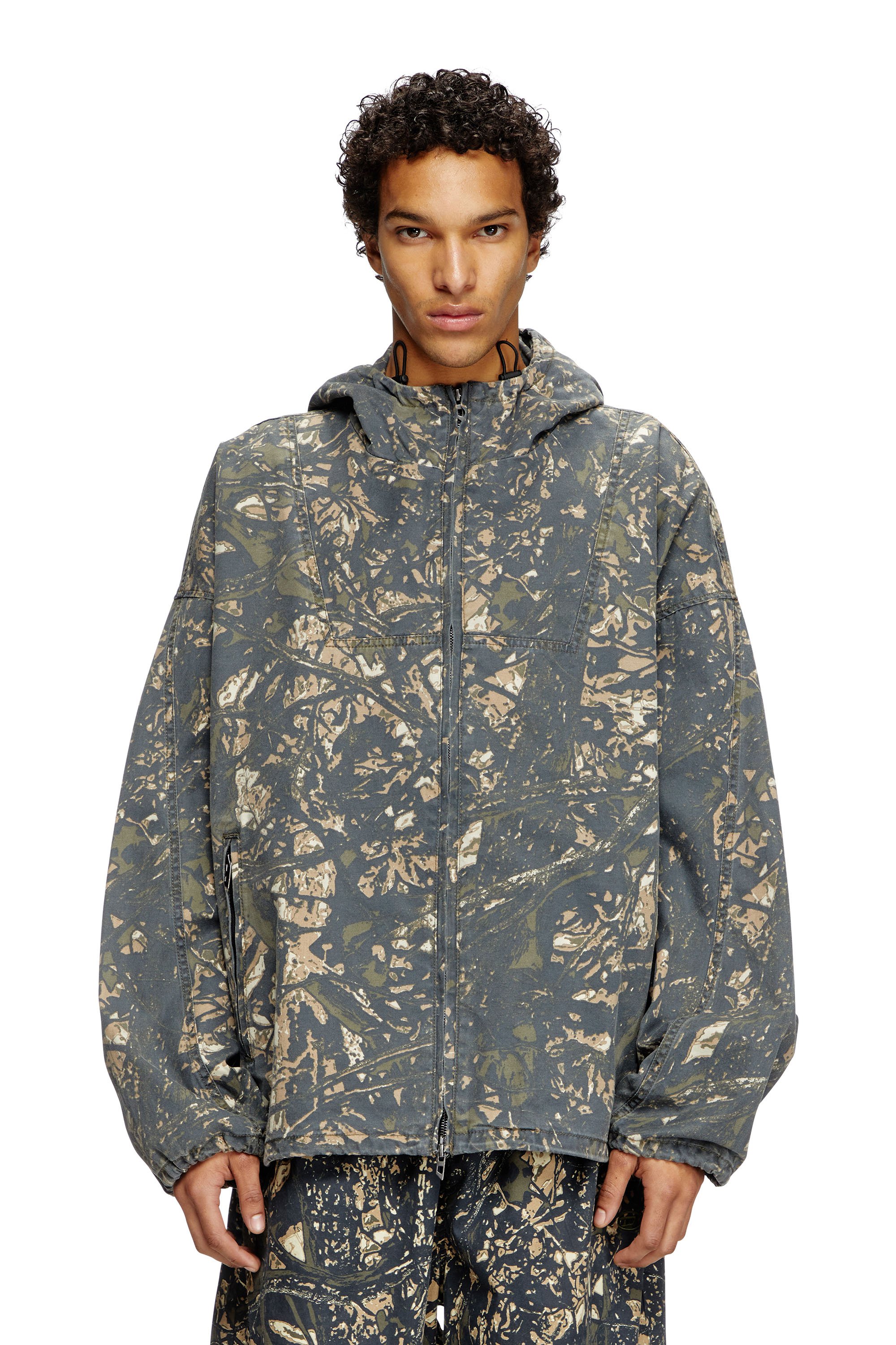 Diesel - J-LINT, Male's Hooded jacket with camo print in Green/Brown - 1