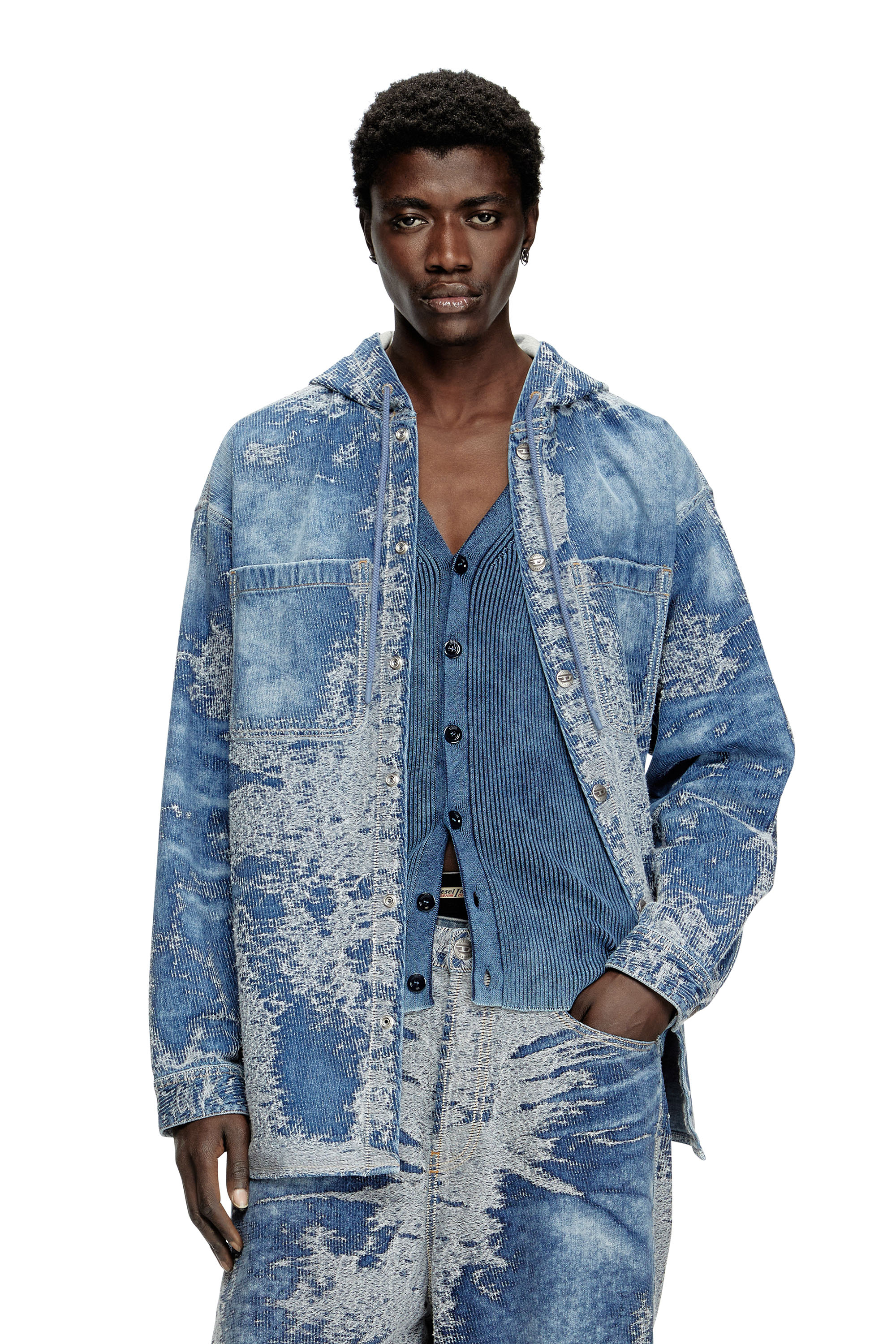 Diesel - D-DEWNYS-HOOD-S, Surchemise en denim jacquard effet vieilli Homme in Bleu - 1