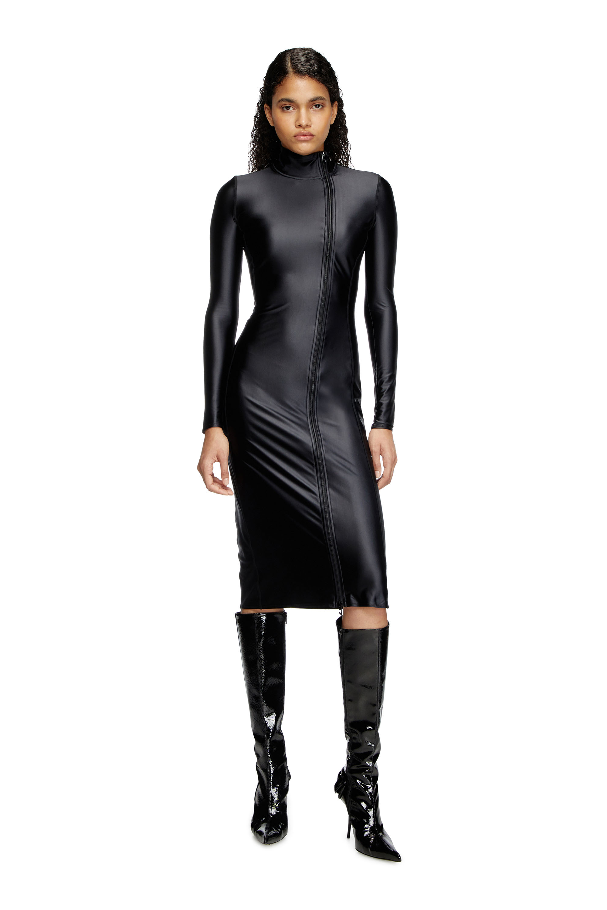 Diesel - D-SILVER, Female's Mock collar long-sleeve midi dress with chintz finish in Black - 1