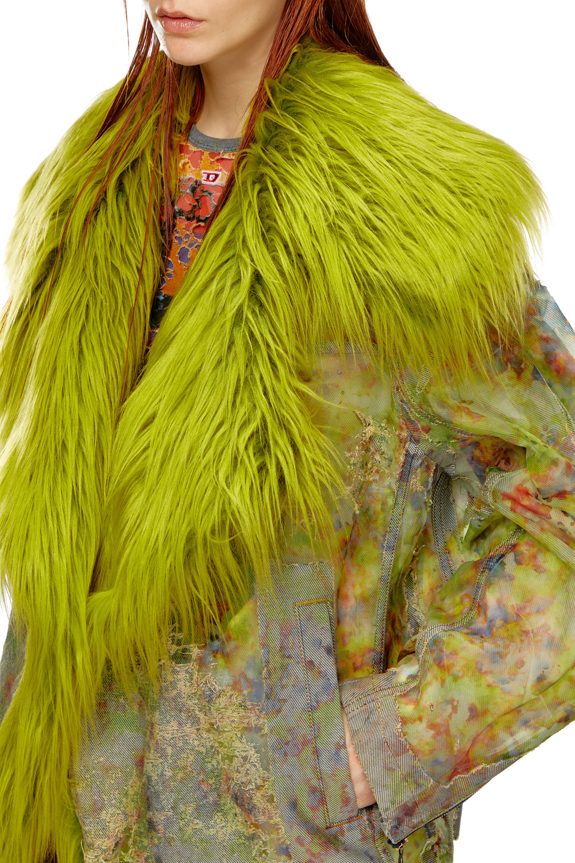 Diesel - DE-BIKA-FSE, Female Printed devoré jacket with shaggy collar in Green - Image 4