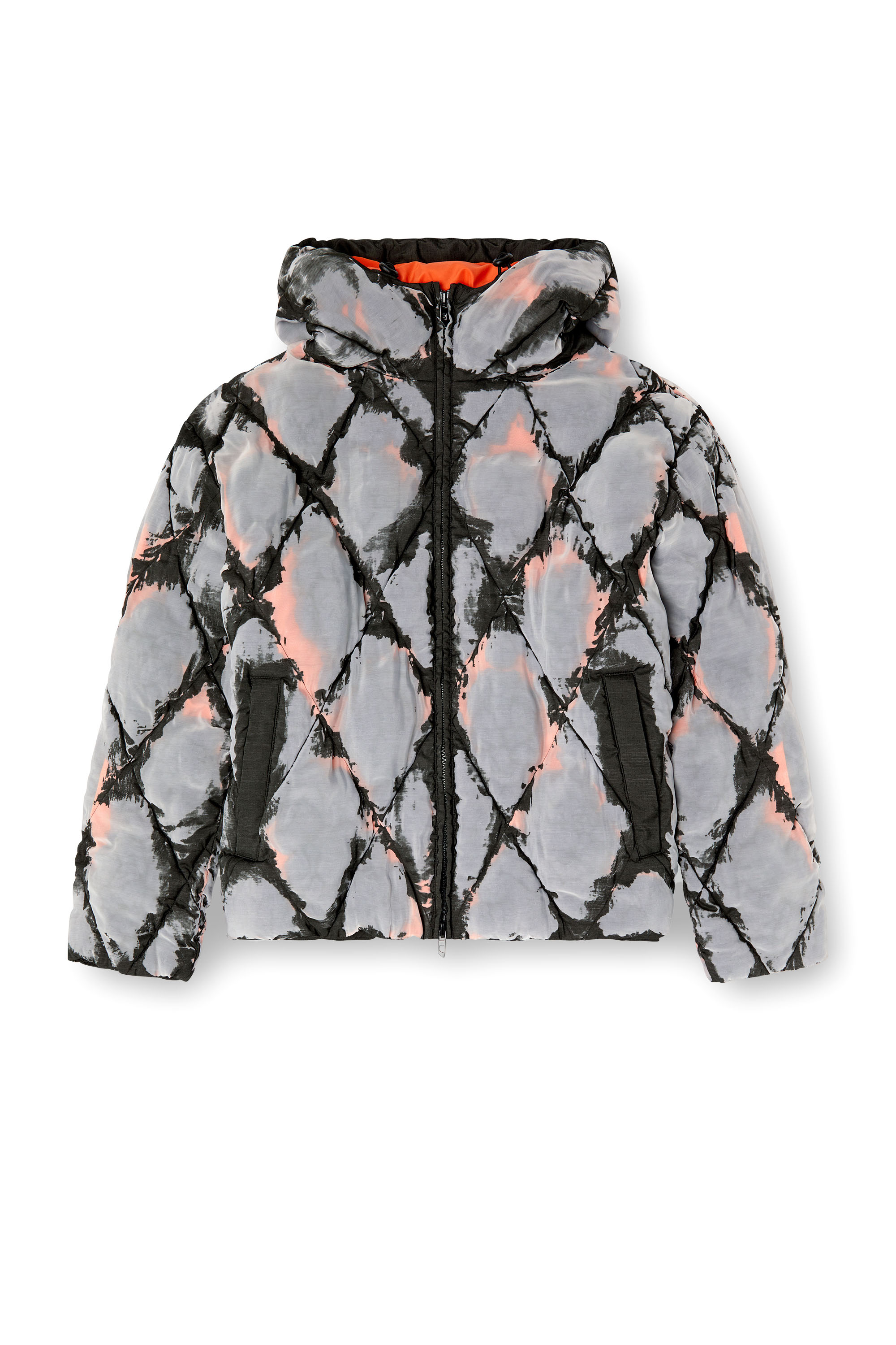 Diesel - W-DOM, Male's Hooded devoré argyle puffer jacket in Black/Red - 6