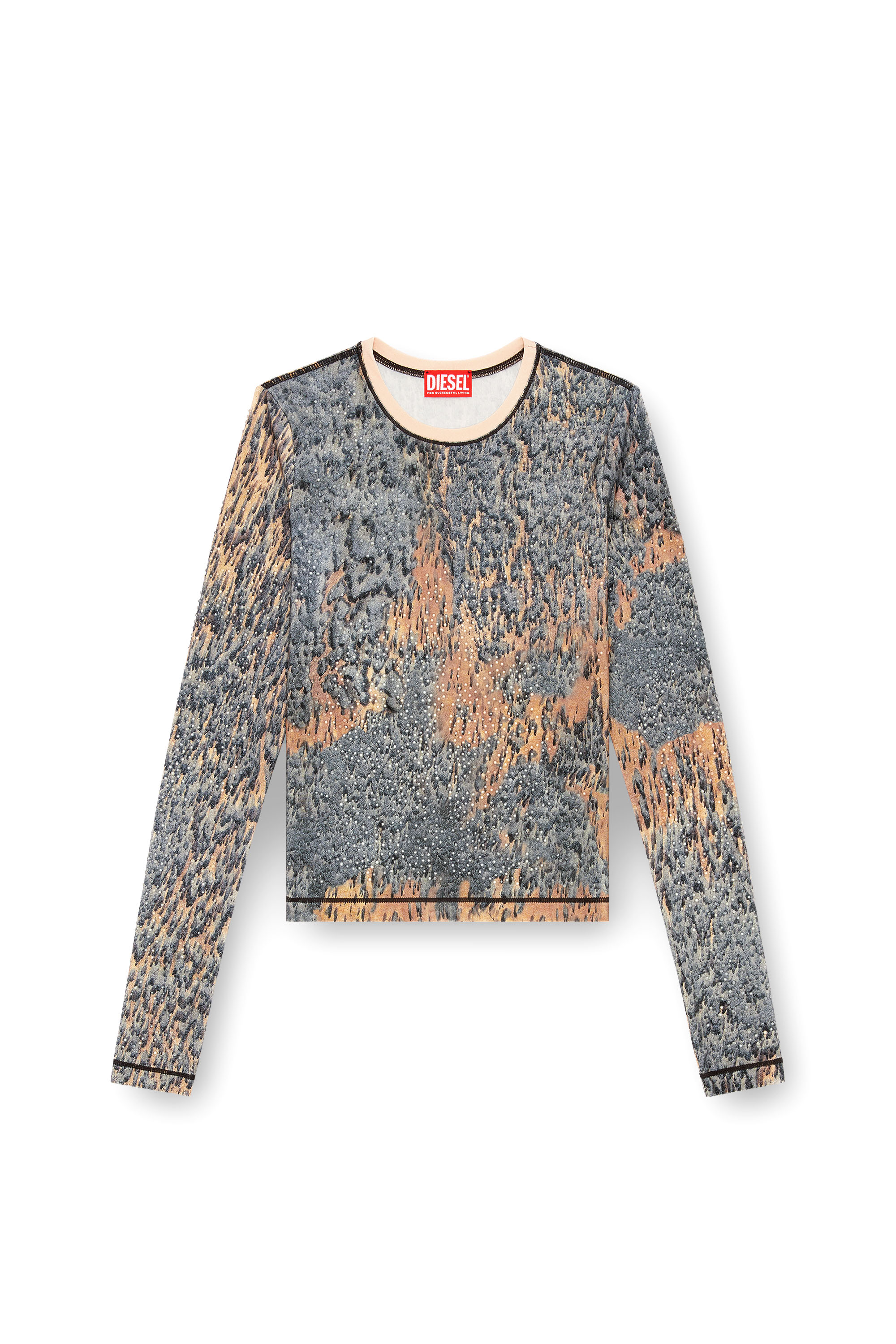 Diesel - T-CUTIE-LS, Female's Top with crystals and Rain Camo print in Beige/Grey - 4