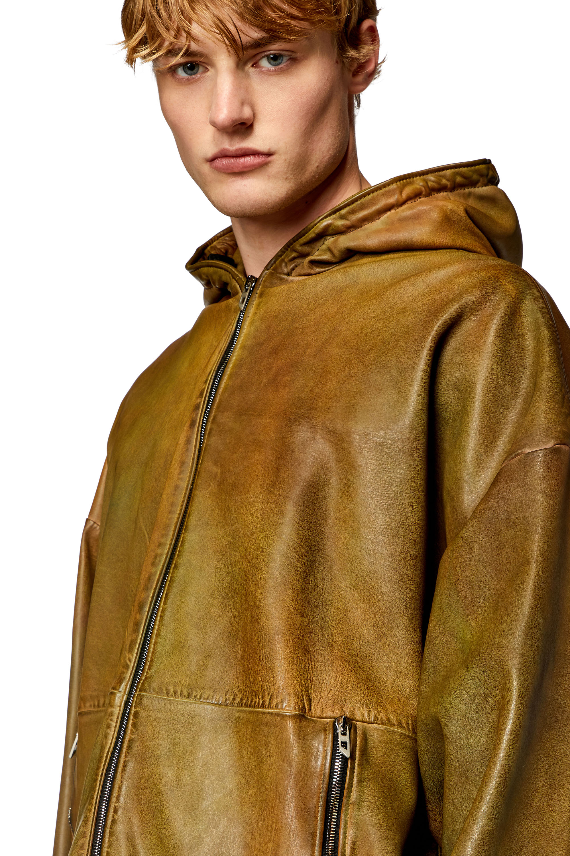 Diesel - L-VATEL-HOODY, Male Hooded leather jacket in Brown - Image 4