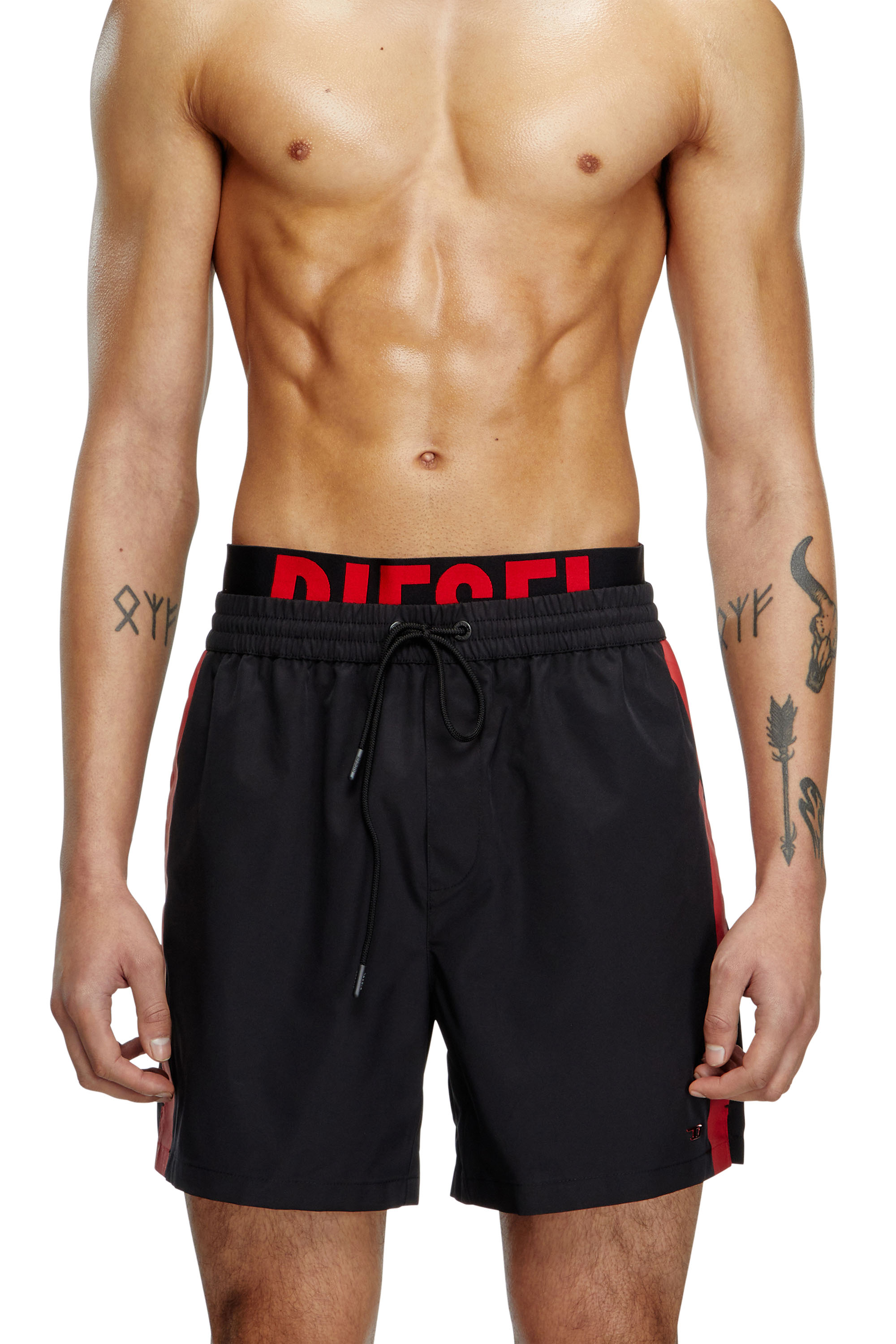 Diesel - VISPER-41-D-POP, Male's Mid-length swim shorts with hybrid waist in Black/Red - 2