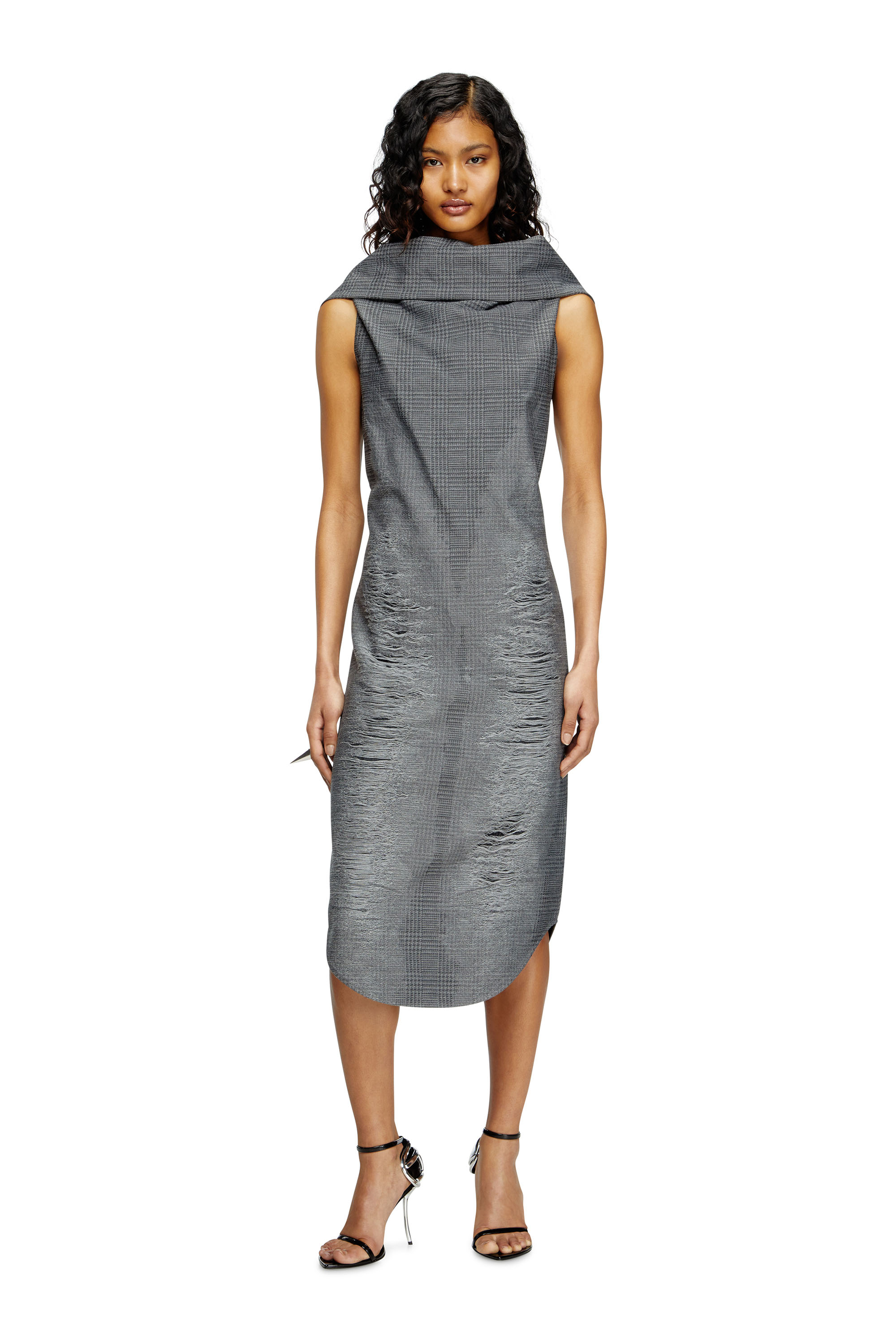 Diesel - D-MAUVE, Female's Prince of Wales midi dress with distressing in Grey - 2