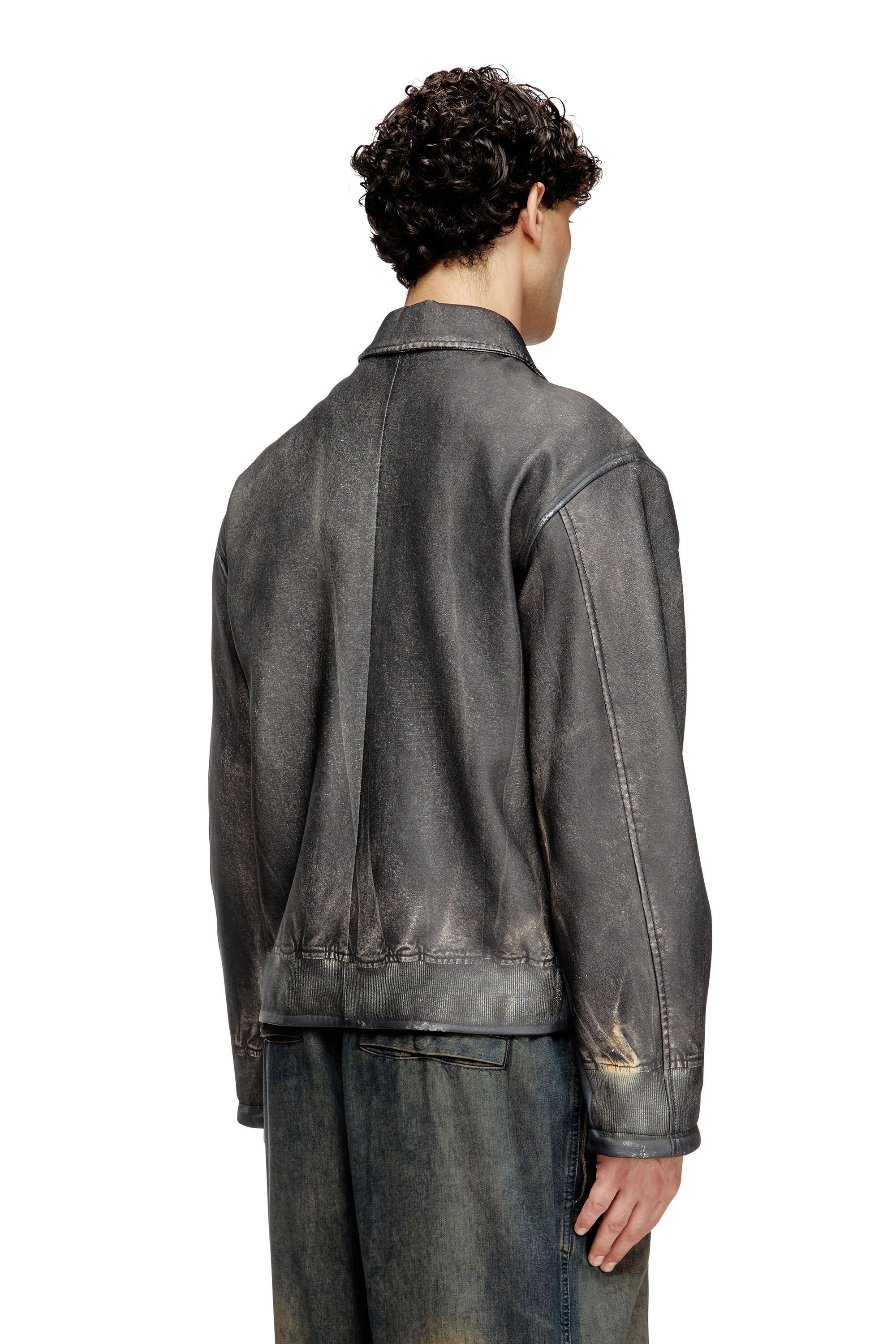 Diesel - L-MAYER, Male's Leather jacket with trompe l'oeil pockets in Black - 3