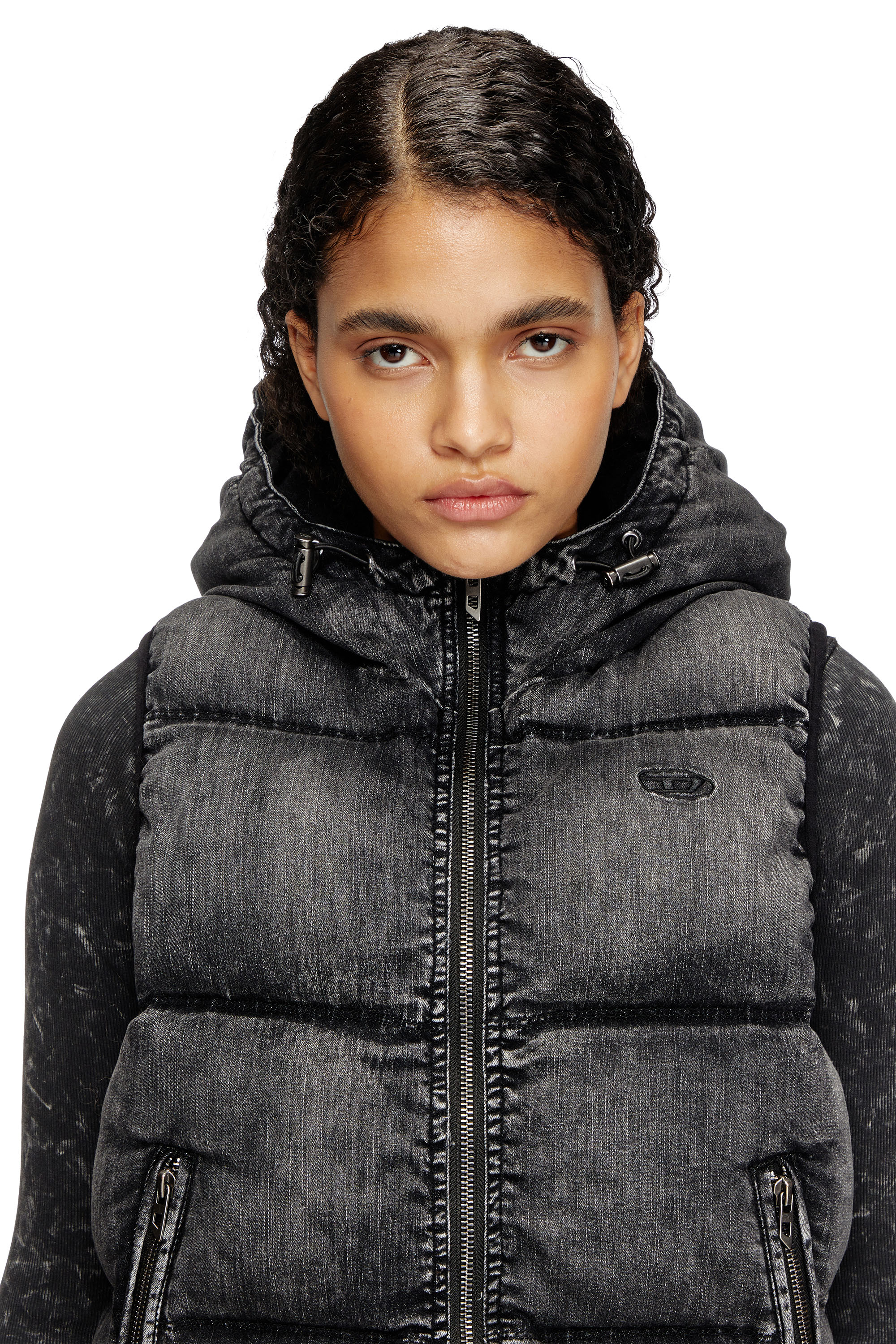 Diesel - W-HOPPER, Female's Hooded puffer vest in faded denim in Black - 4