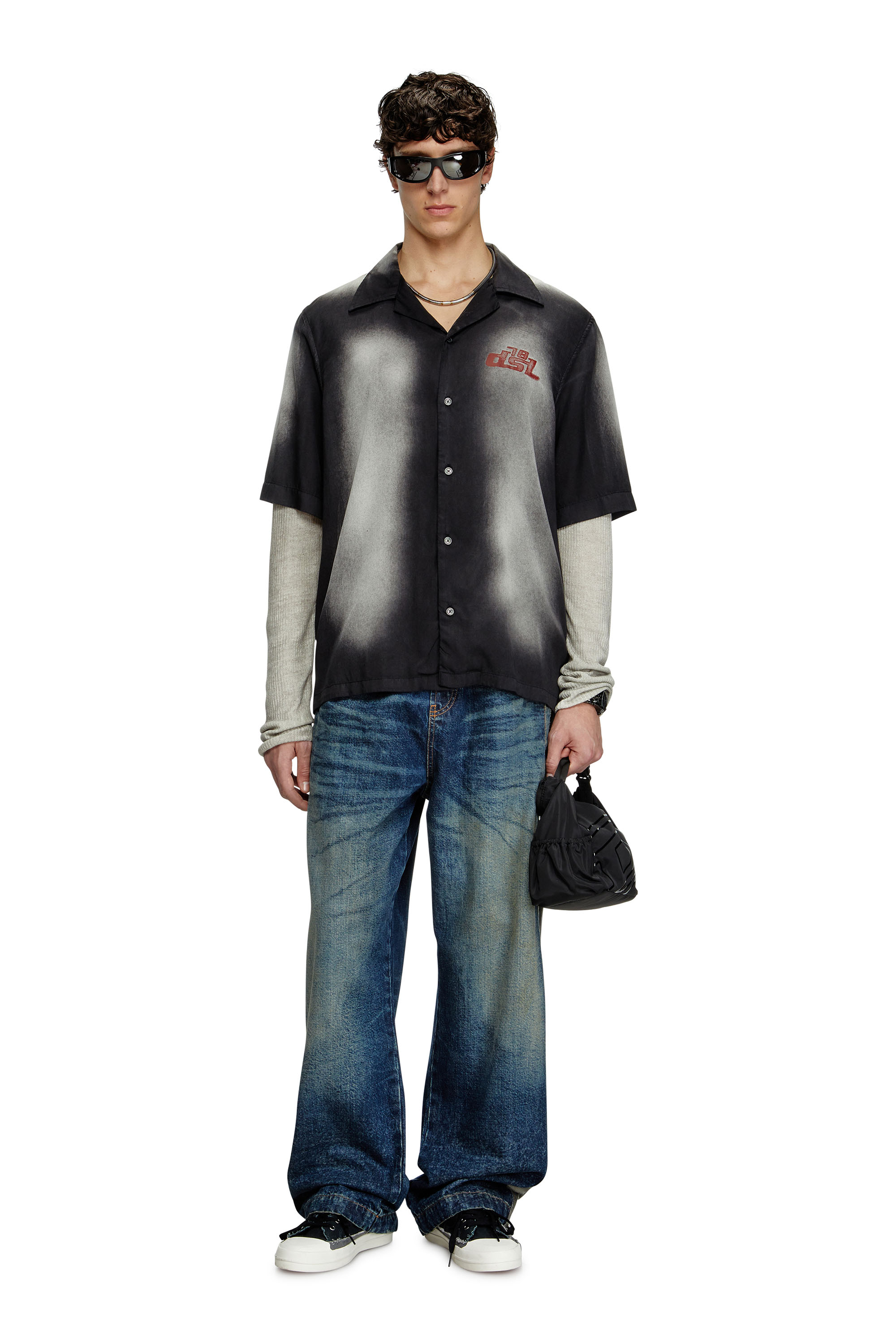 Diesel - S-ELLY, Male's Faded bowling shirt with logo prints in Black - 2