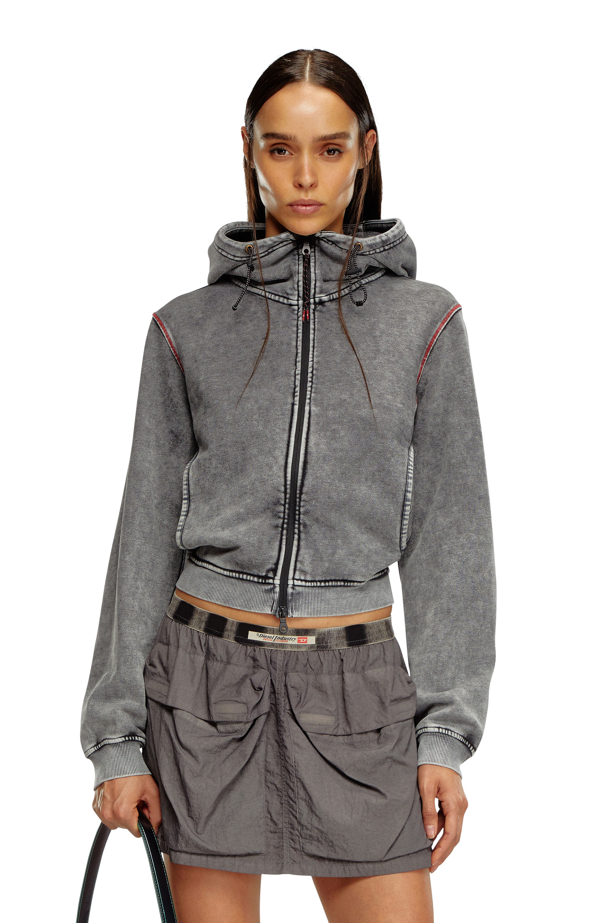 Diesel - AWST-ABIRA-HT44, Femme Sweat-shirt à capuche délavé avec fermeture zippée au dos in Gris - Image 1